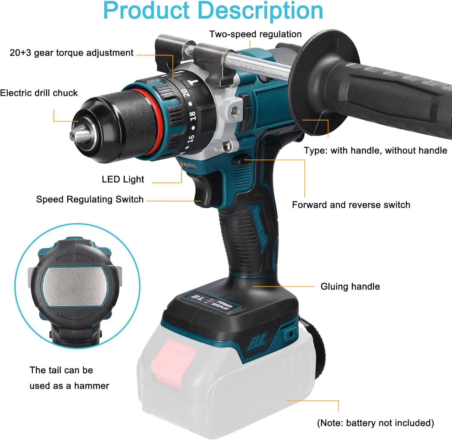 13mm Electric Impact Drill Rechargeable Brushless Motor Cordless Electric Screwdriver Heavy Duty Power Tool for DIY Projects Woodworking Construction Blue Black 210mm (without handle)