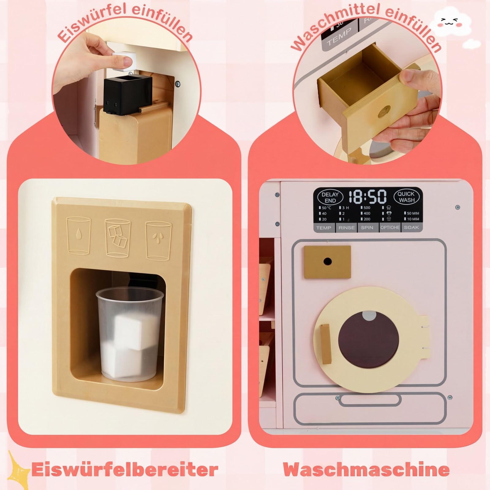 COSTWAY Kinderküche mit Licht und Sound, Eck-Spielküche Holz mit Mülleimer, Doppeltür-Kühlschrank, Spüle, Waschmaschine, Mikrowelle & 22 Zubehörteilen, Holzküche für Kinder ab 3 Jahren (Rosa)