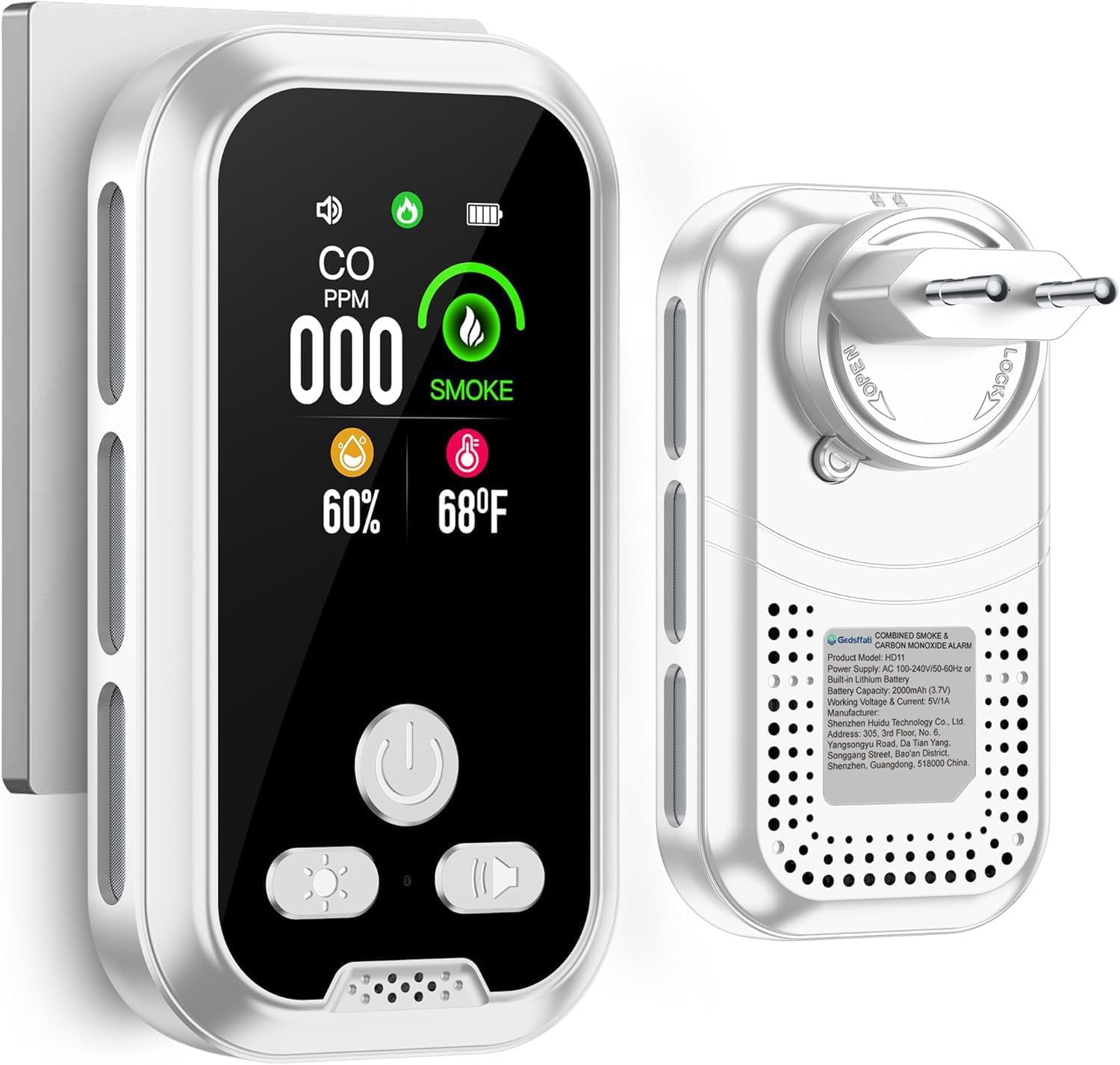 Plug in 4in1 Rauchmelder Kohlenmonoxid Melder Kombination, mit 2000mAh Batterie und 2.1'' HD Bildschirm [CO Temp Rauch Feuchtigkeits Monitor] Plug&Play für Home Hotel, Weiß V2