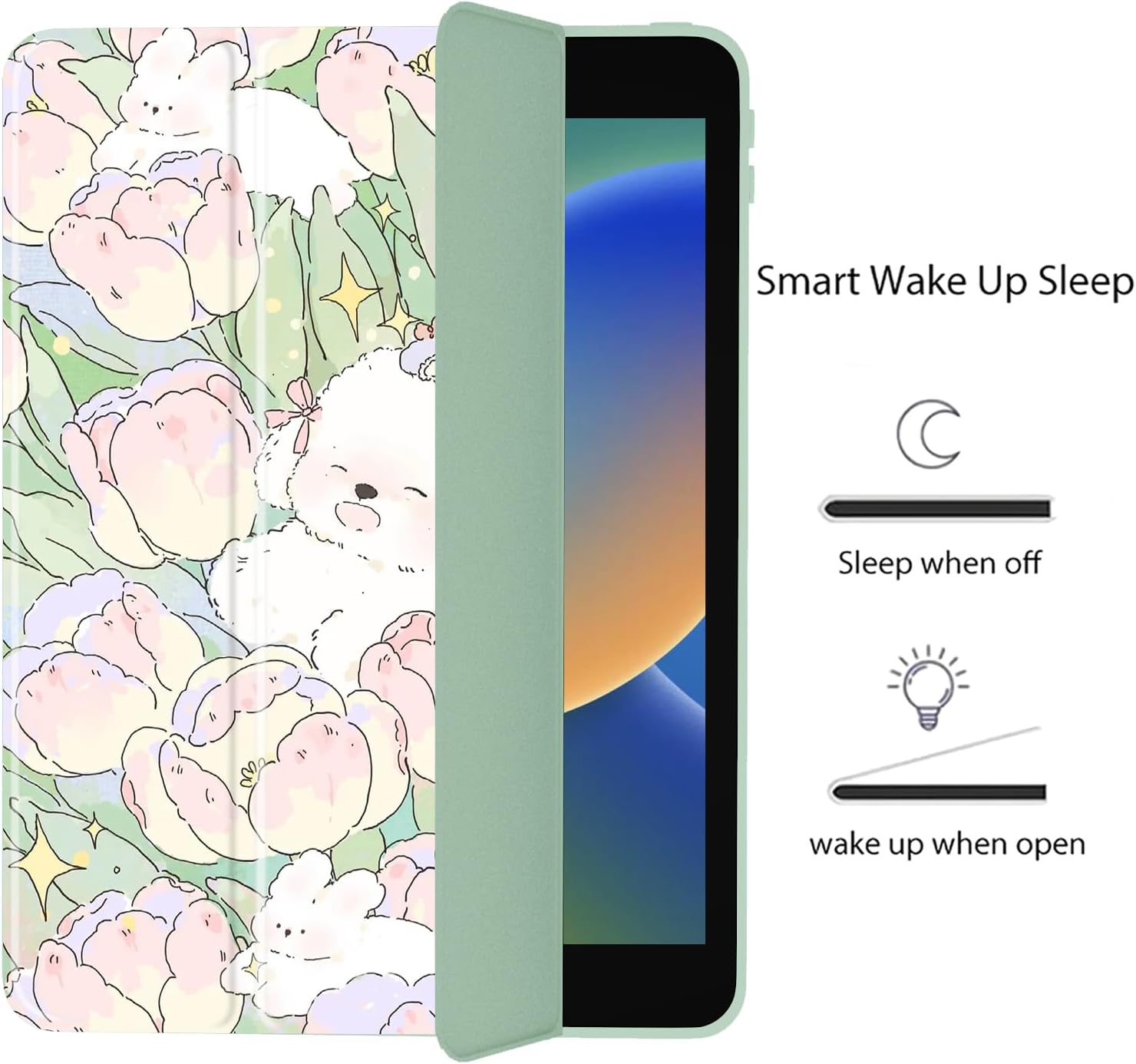 Cute Flower Dog for iPad Pro 10.5 Inch 2017 Air 3 Case with Pencil Holder, Foldable Green Leather Cover Case, Support Auto Sleep Wake