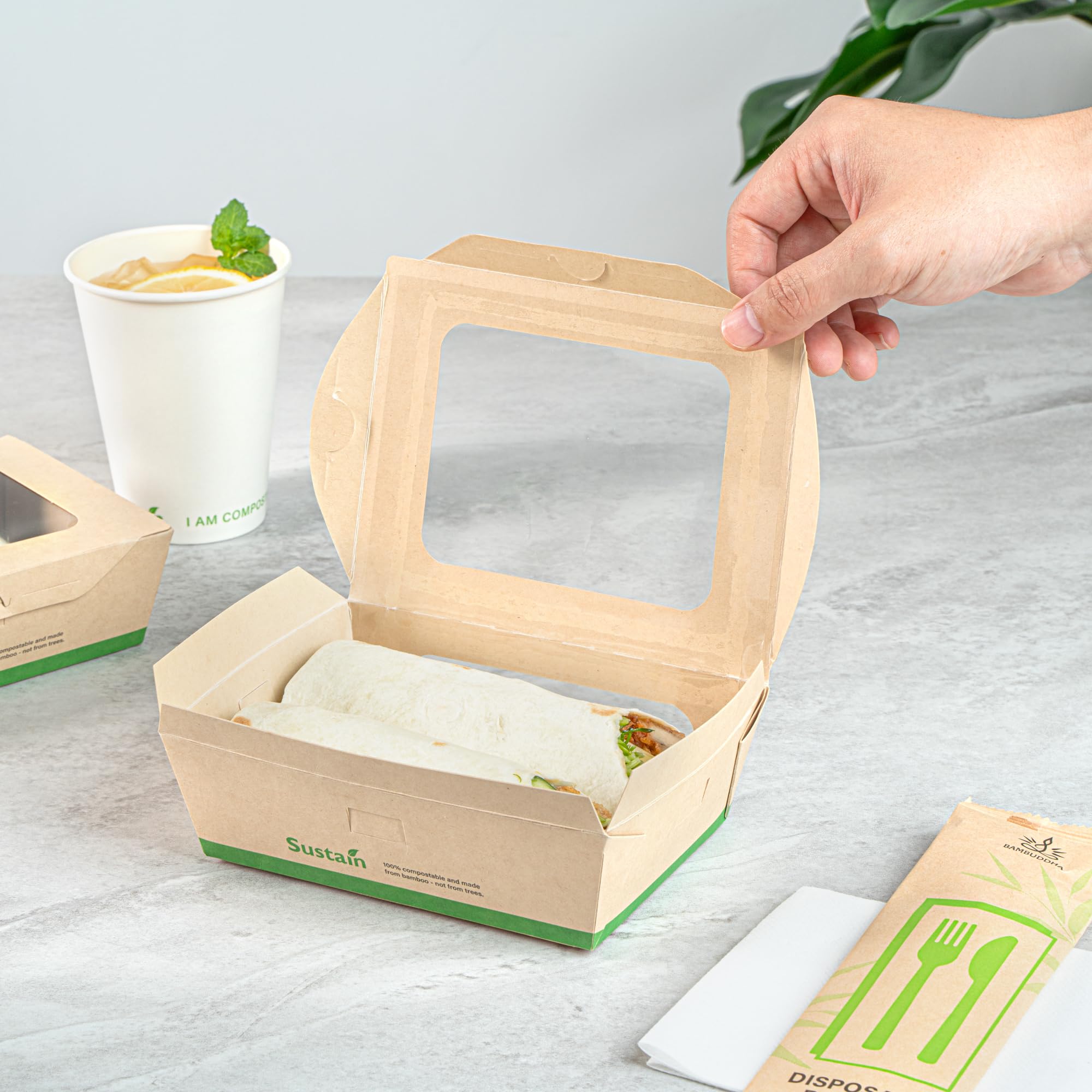 Restaurantware - Cajas de papel resistentes de 28 onzas, 50 recipientes desechables para alimentos, con forro de ácido poliláctico, dos ventanas transparentes de ácido poliláctico, contenedores de