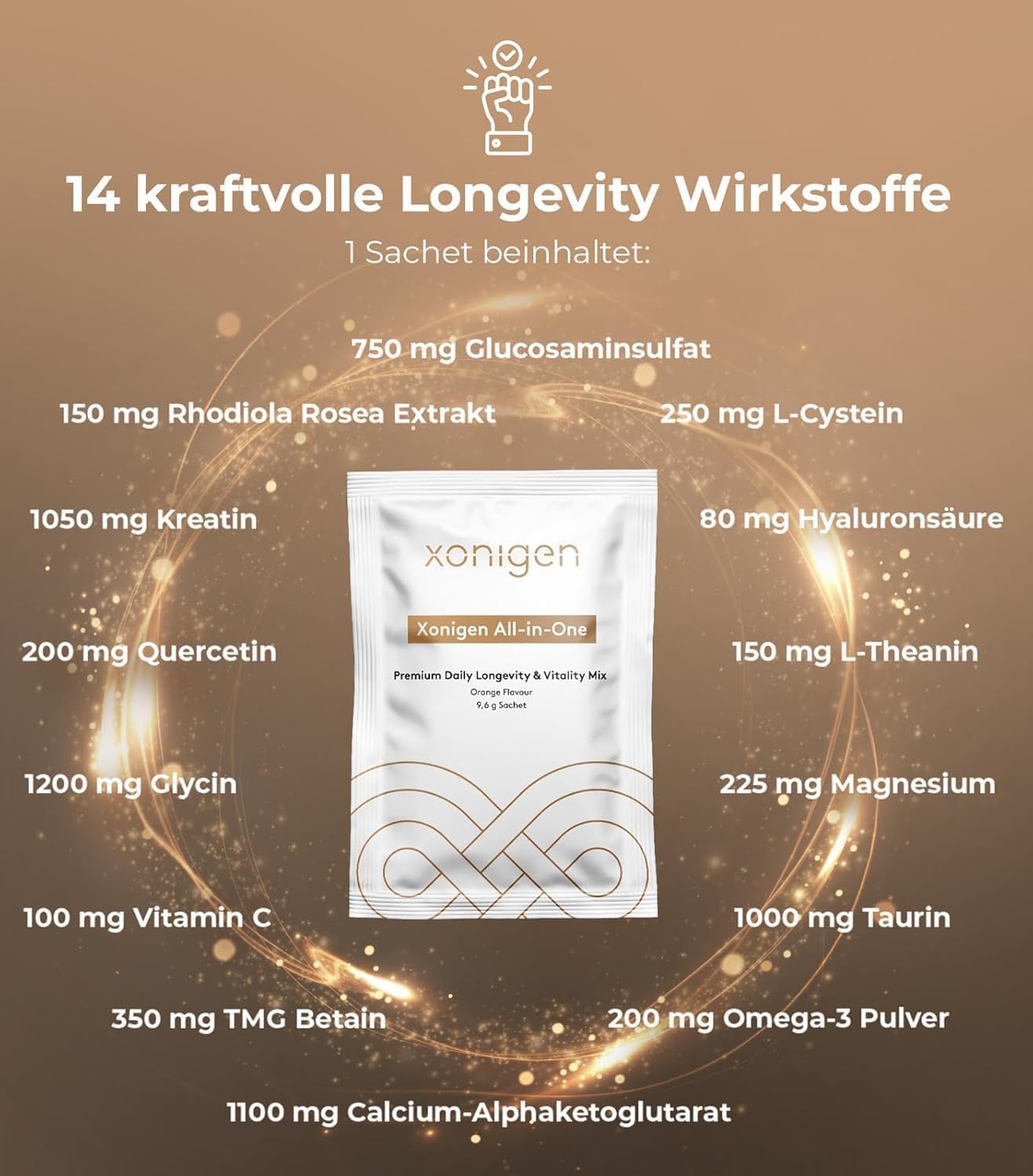 Longevity & Vitality Mix (1er Pack) – 14 Moleküle CaAKG, TMG-Betain, Taurin, Hyaluron, Quercetin, Omega-3, Kreatin uvm – hochdosiert – für Ihre tägliche Anti-Aging Routine