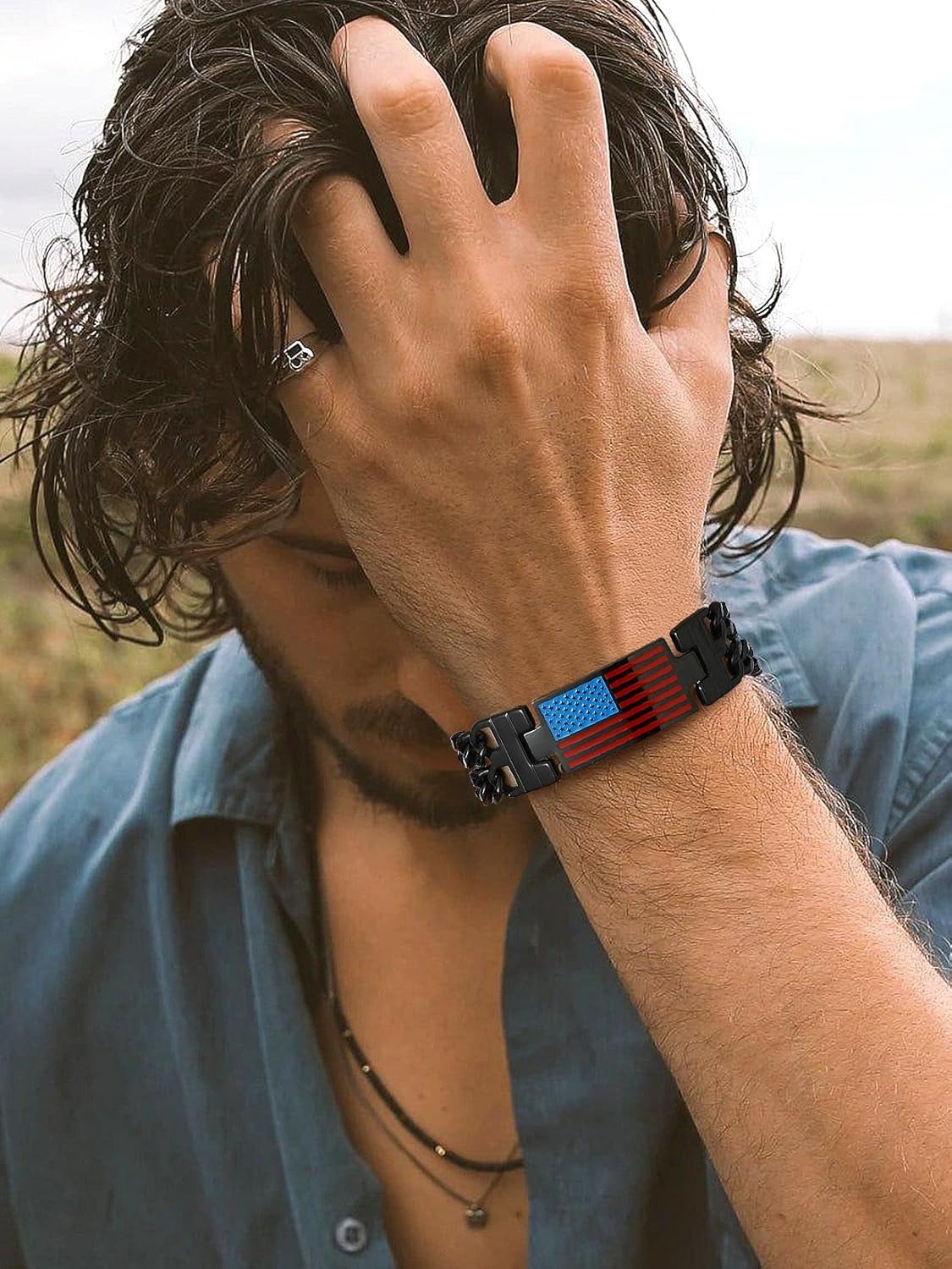 Miniatura 2 de U7 Bracelets for Men American Flag Bracelets 4th of July Jewelry Leather Wristband Stainless Steel18K Gold PlatedBlack Cuban Link Chain Bracelets