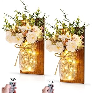 2 Pièces Appliques Mason Jar Lumières Décoration Murale, Lumières Suspendue à Piles ave Fleur Artificielle LED Bande Décor pour Exterieur Intérieur Chambre Maison Salon Jardin Noël Décoration