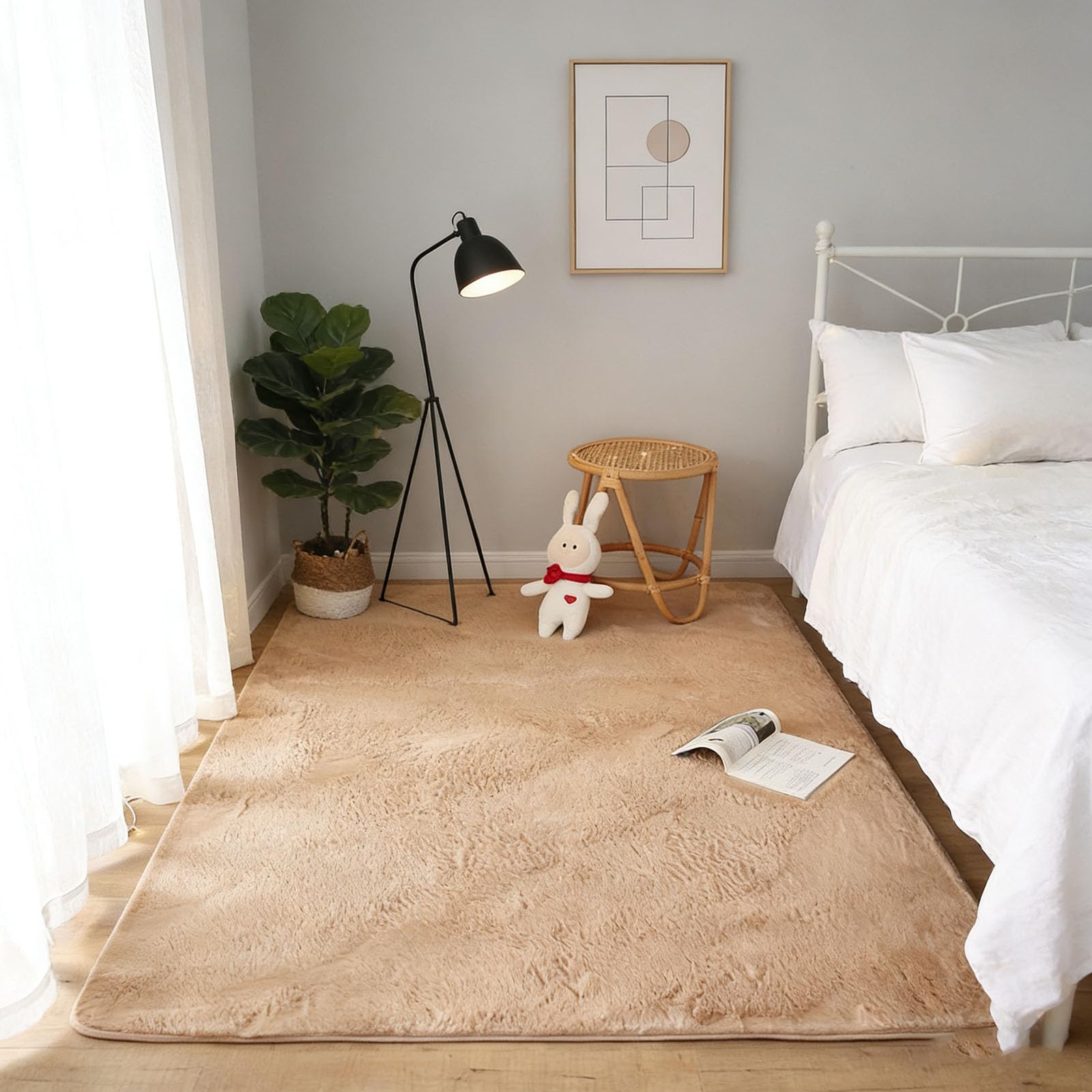 Tapis de salon doux uni pour chambre de bébé couleur chameau poils ras 90x90