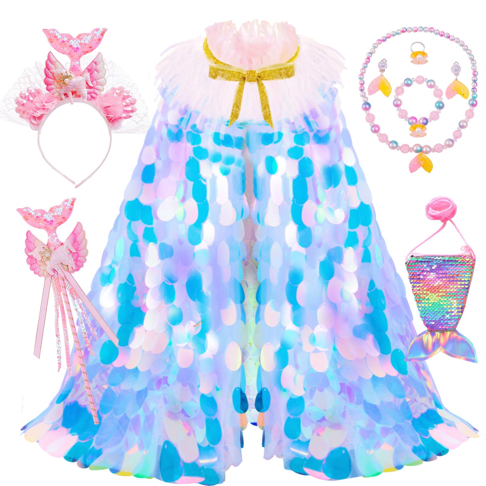 CVNHMG Princess Dress Up Toys Rainbow Mermaid Cape Kit 9 Pcs Gift Set for Little Girls 3-8 Years