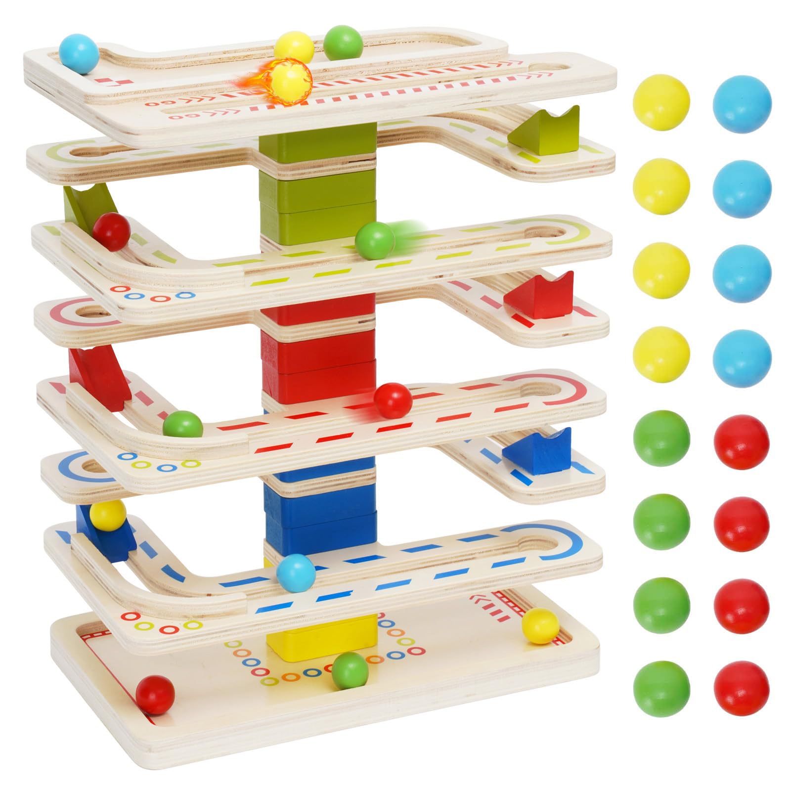 Juego de Rampas de Madera, Juego de Carreras con 16 Bolas de rampa, Circuito de Bolas y Rampas en Madera, Juguetes de Aprendizaje Montessori para niños y niñas de 1, 2 y 3 años