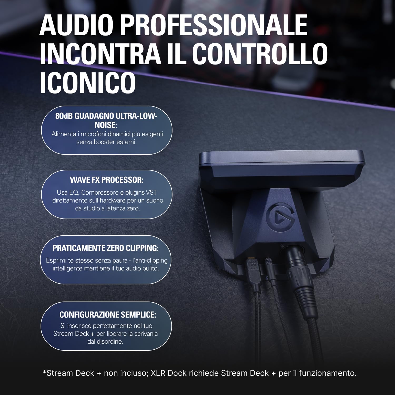 Elgato XLR Dock MK.2 - Accessorio di interfaccia audio per Stream Deck +, guadagno 80dB, alimentazione Phantom, Clipguard 2.0, effetti DSP, USB-C, funziona con qualsiasi microfono XLR