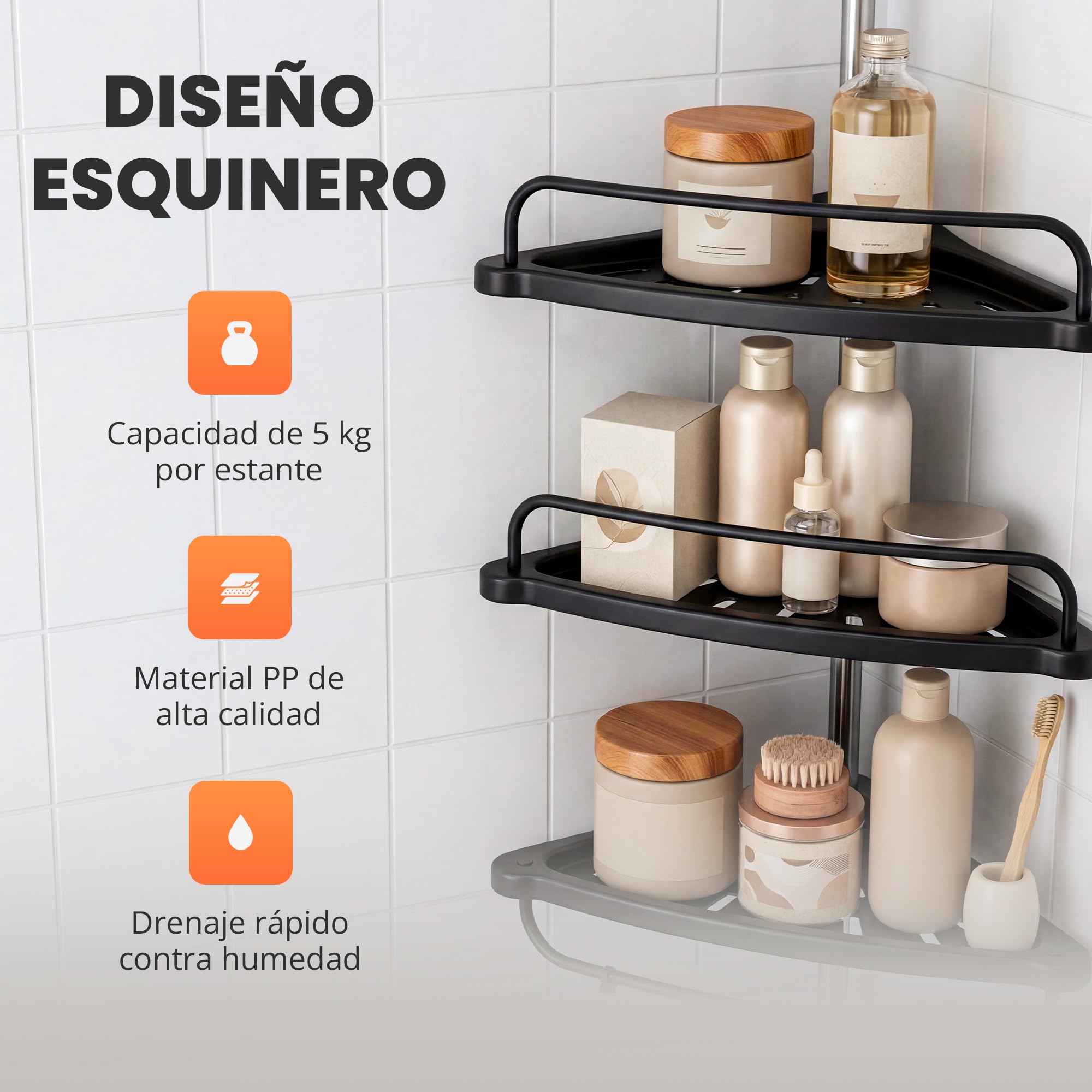 Estanteria Telescopica de Baño Altura Ajustable 254cm Esquinero Plástico Metal sin Taladro 4 Baldas Negro