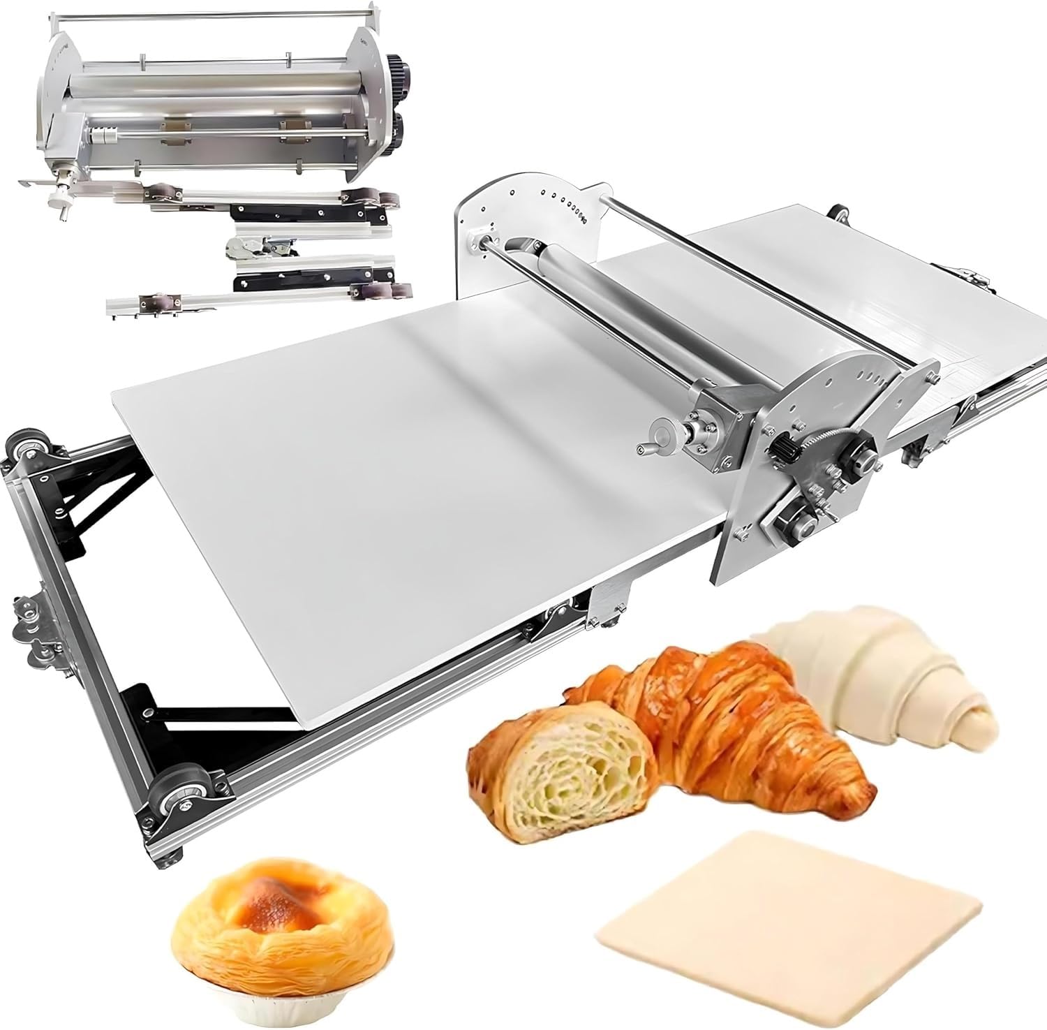 Blätterteigausrollmaschine, elektrische Gewerbe-Teigausrollmaschine, Laminiergerät, einstellbare Dicke 0,2–3 cm, faltbarer Teigroller aus Edelstahl, für Blätterteig und Fondant