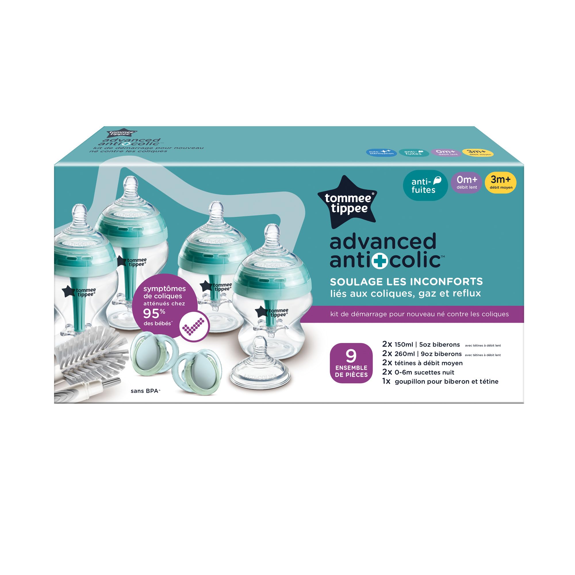Tommee Tippee fortschrittliches Anti-Kolik-Starterset, 150-ml- und 260-ml-Babyflaschen mit Langsamsauger inbegriffen, 2 x brustähnliche Sauger für mittleren Flüssigkeitsfluss