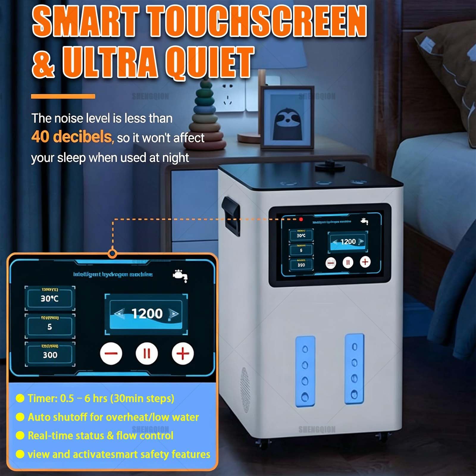 Domowy Inhalator Wodorowy, Urządzenie Do Inhalacji Wodoru O Czystości 99,99%, 7-Stopniowa Separacja Gazu Od Wody, Timer 0,5–6 Godz., Maks. 4200 Ml/Min, Smart Touch, Cicha Praca(Gunmetal,1200ml/min)