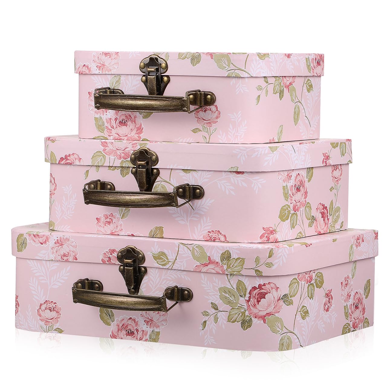 GALPADA Baby Suitcase Box 3Pcs Paperboard Floral Storage Boxes with Handles Stackable Decorative Flower Pattern Boxes for Wedding Birthday Baby Shower
