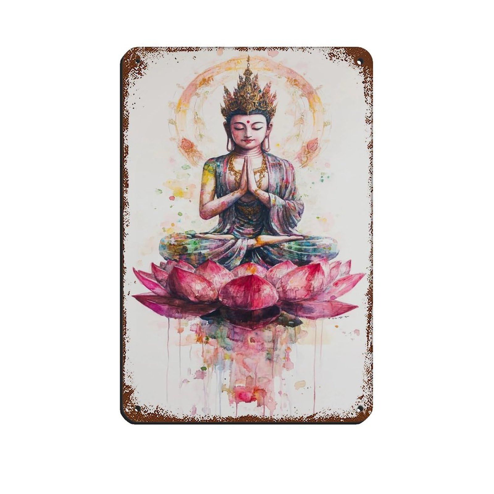 Buddha Lotus, Guanyin Watercolor Art Retro Poster Metal Tin Sign Chic Art Retro Iron Painting Bar People Cave Cafe Family Garage Poster Wall Decoration 8x12inch(20x30cm)