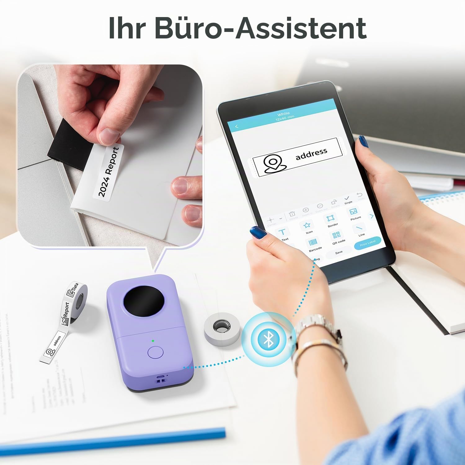 Phomemo D30 Etikettendrucker Bluetooth Etikettiergerät Beschriftungsgerät Selbstklebend Labelmaker mit 5 Rollen etikettenpapier Geschenkbox,Mini Label Printer Geeignet für Haushalt und Büro(Violett)