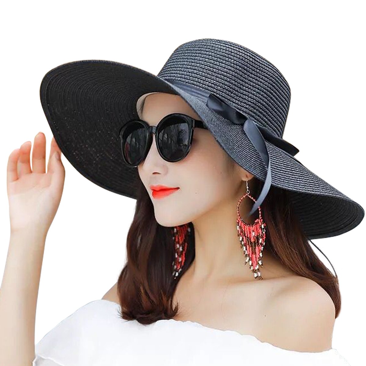 Joyebuy Womens Floppy Big Brim Hat Bowknot Straw Hat Foldable