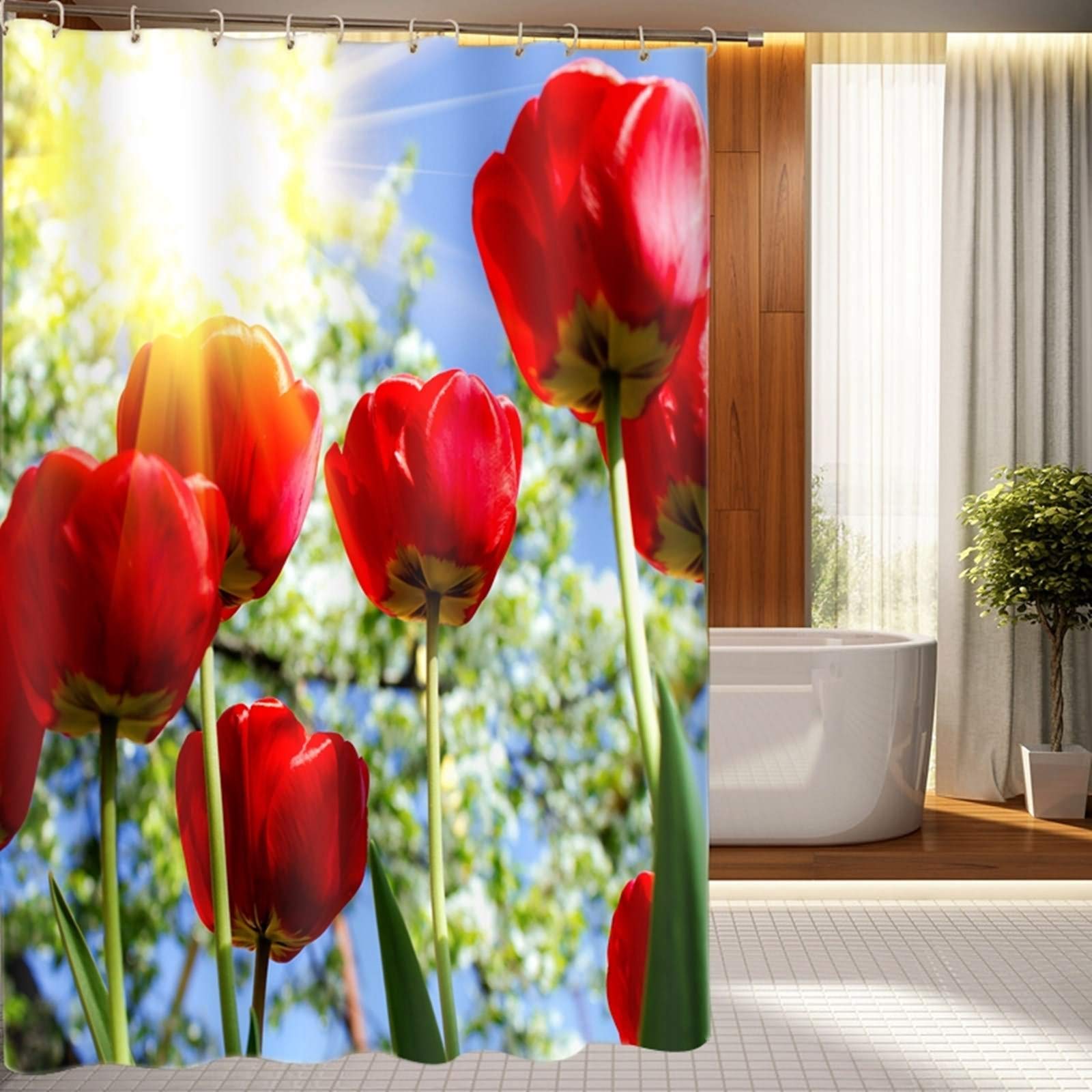 Rideau de salle de bain haut de gamme tulipes au soleil rouge bleu grand format