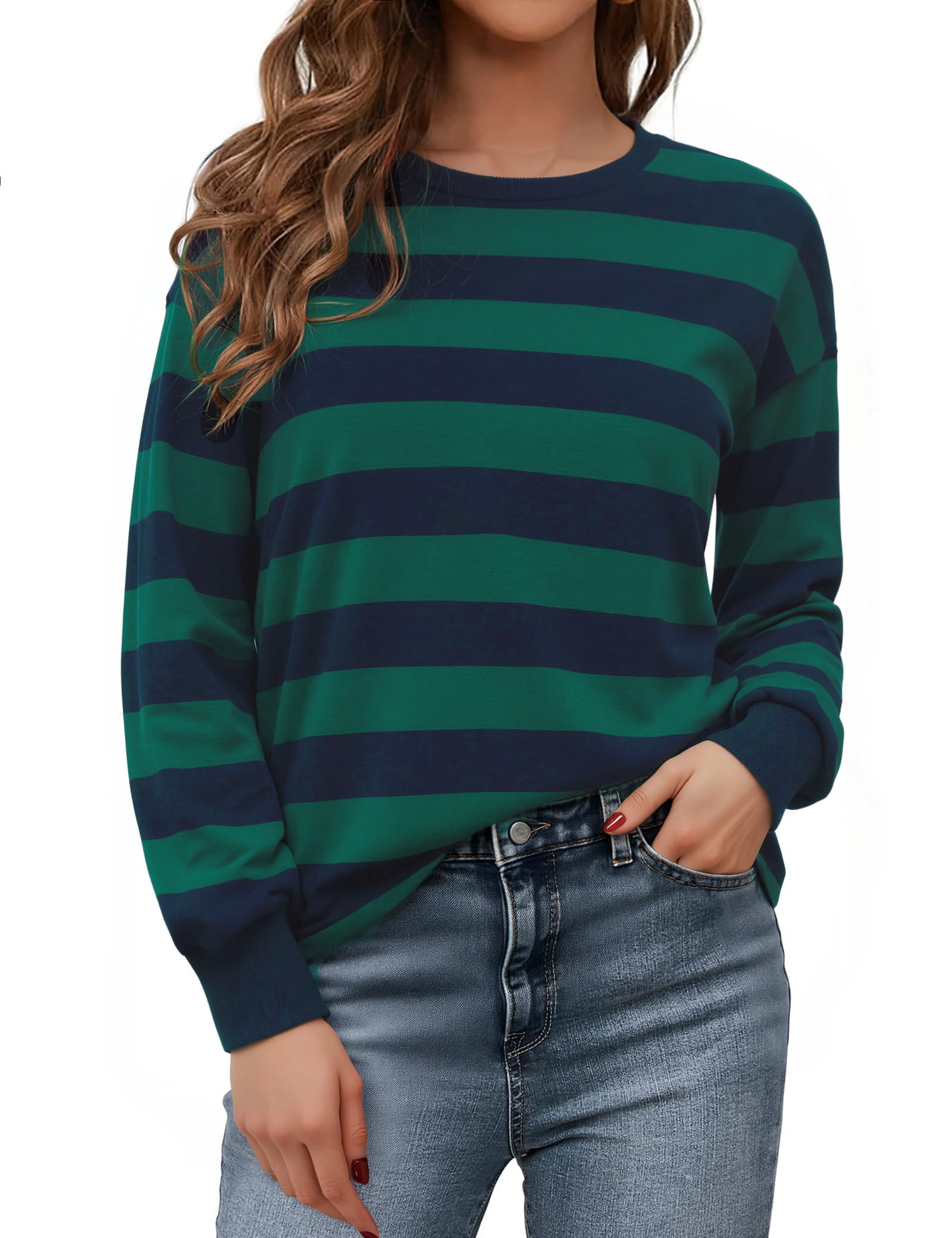 Aottori Sweatshirt Damen Oversized Pullover Gestreiftes Elegant Langarmshirt Rundhals Baumwolle Oberteile Langarm Locker Pulli Herbst Casual