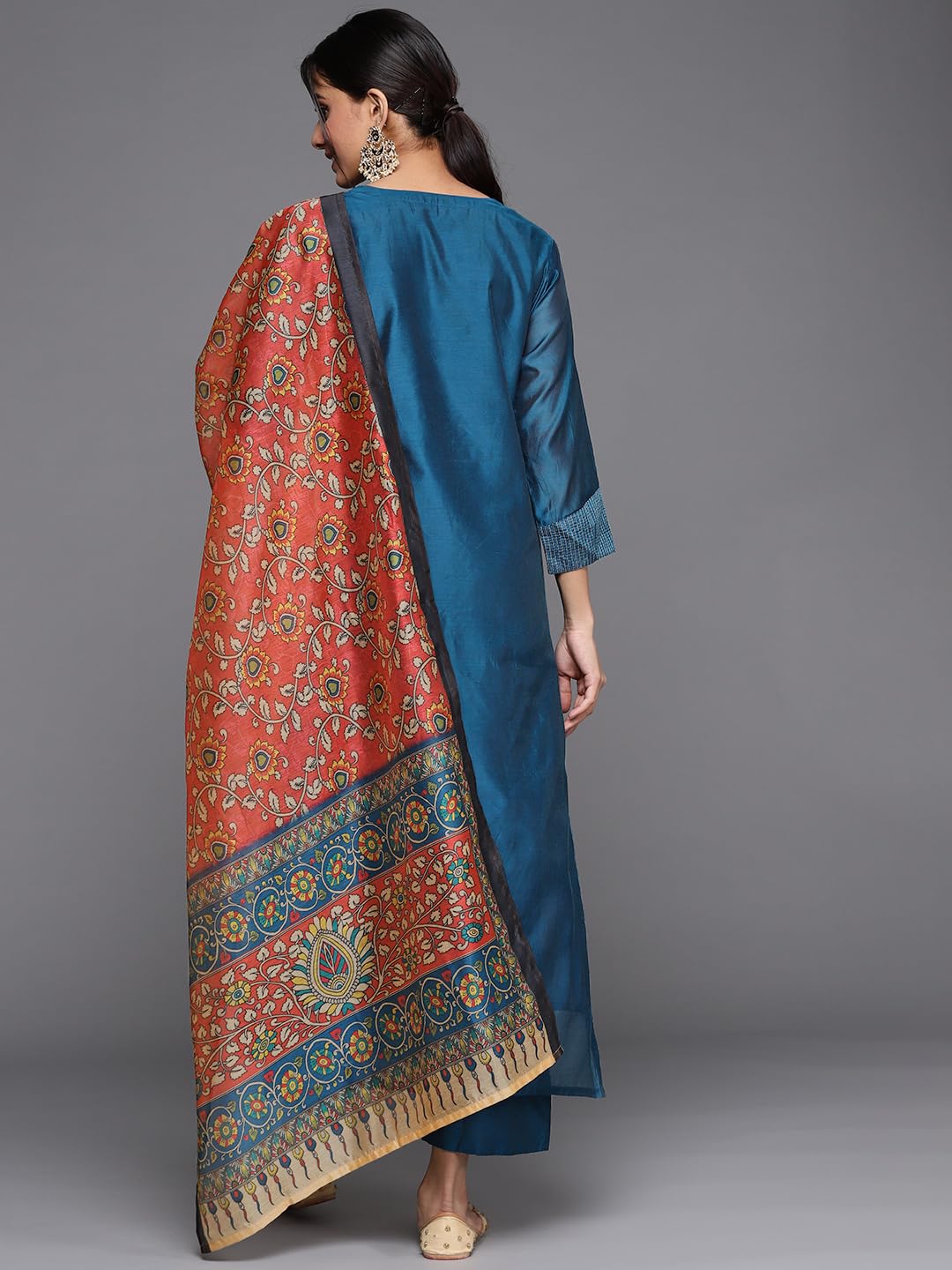 Varanga Teal Zari Embroidery Kurta Trouser Set With Red Kalamkari Silk Dupatta.