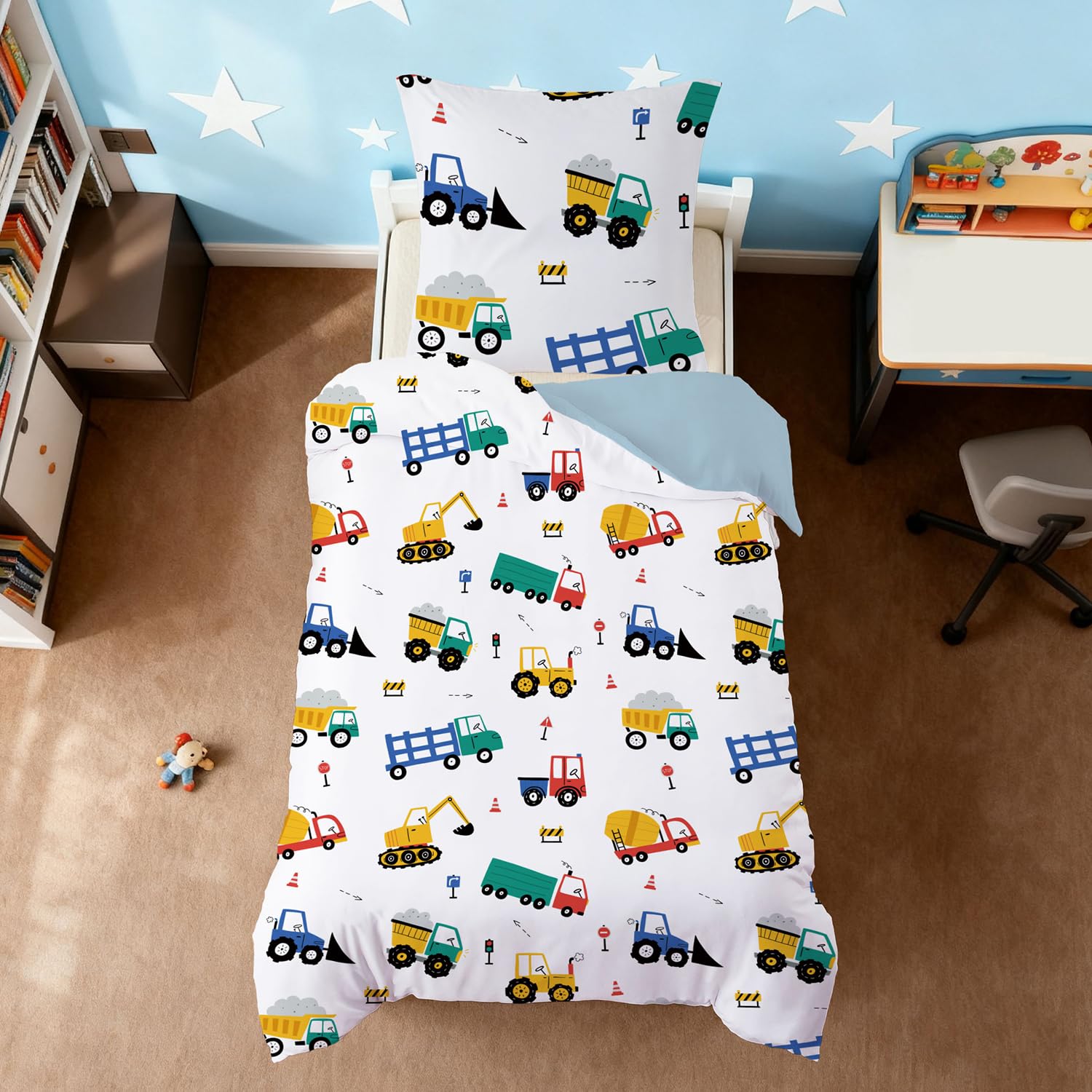 ROZTYLJ Cot Bed Duvet Cover Set Construction Diggers Kids Bedding Set for Boys/Junior, Toddler Comforter Cover with Zip 120x150 cm with Pillowcase 40x60cm