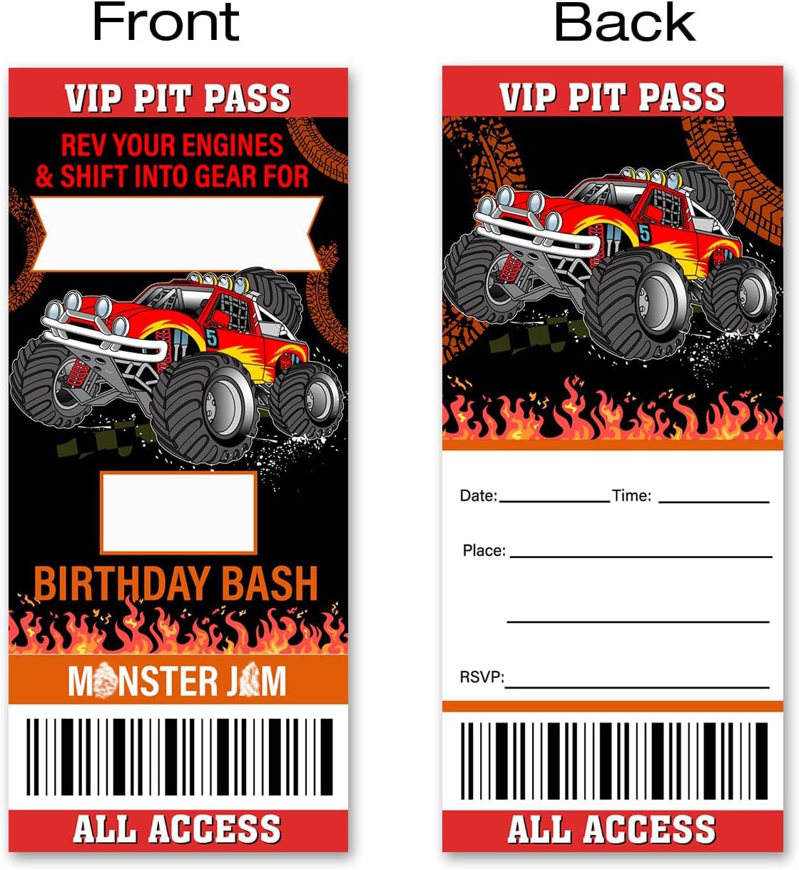 VAHATAN Monster Truck Birthday Party Invitations 20 Pack Red Monster Truck Ticket Invitations with Envelopes Invites Cards for Birthday Party