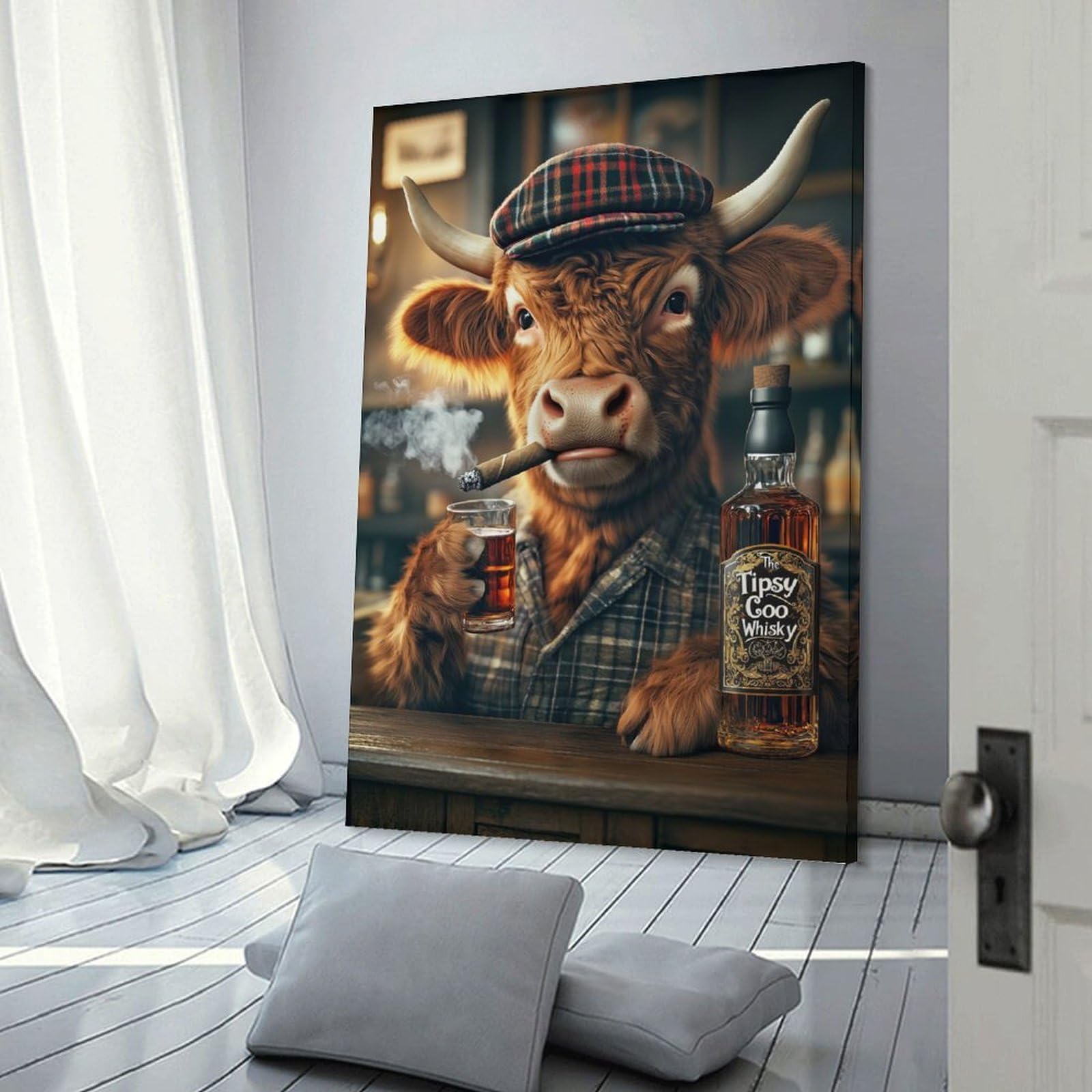 Junmoney Frame-Style-19 Highland Cow In The Pub Canvas Wall Decor, 08X12inch(20X30cm), For Wall Displays, Bedrooms Or Room Updates, Wall Decor Suited To Curated Displays