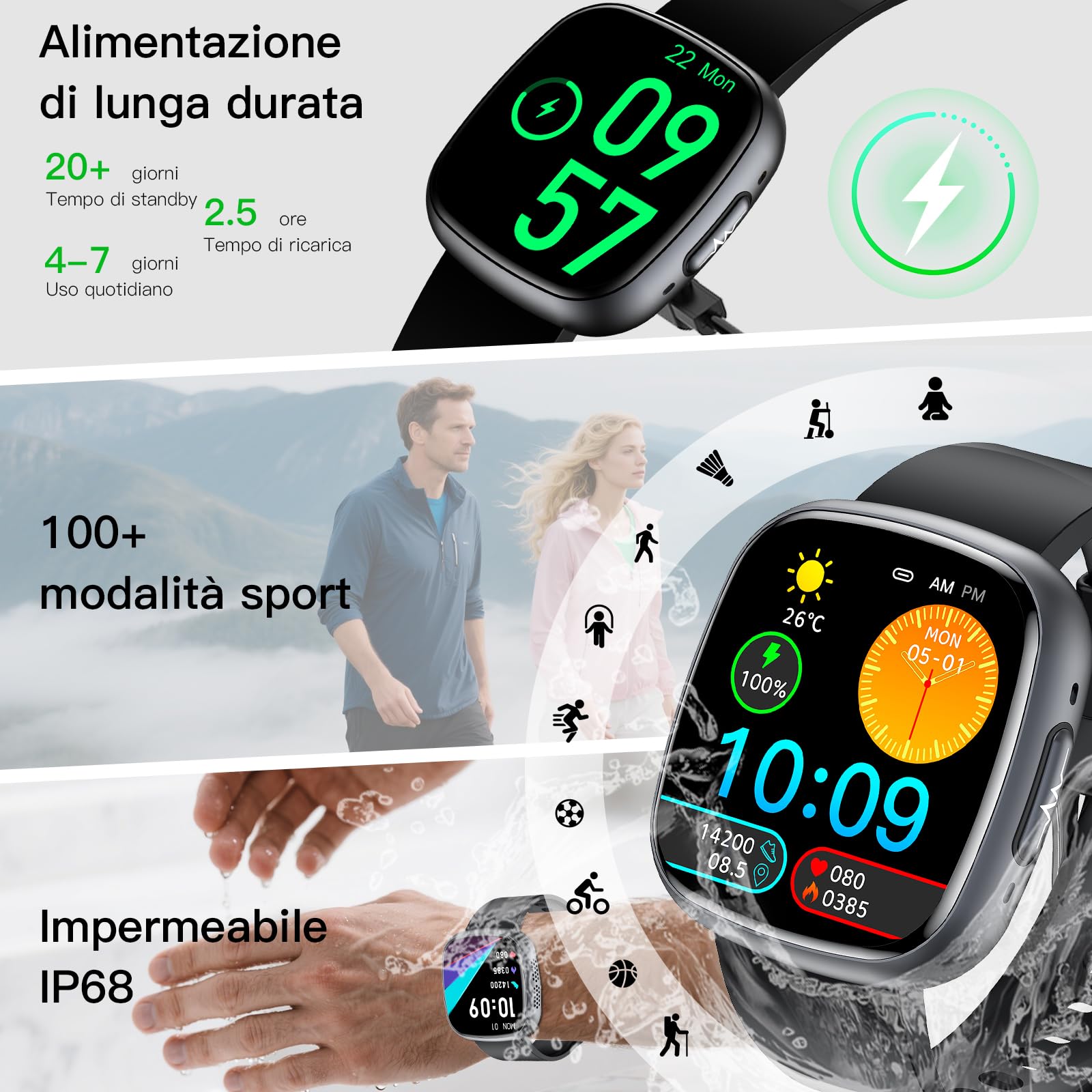 Smartwatch Pressione Sanguigna con ECG/HRV/BMI/Acido Urico, Orologio Saluta 1.75'' AMOLED, 24H Frequenza Cardiaca/Sonno/SpO2/Temperatura,Contapassi IP68, Per Android/iOS