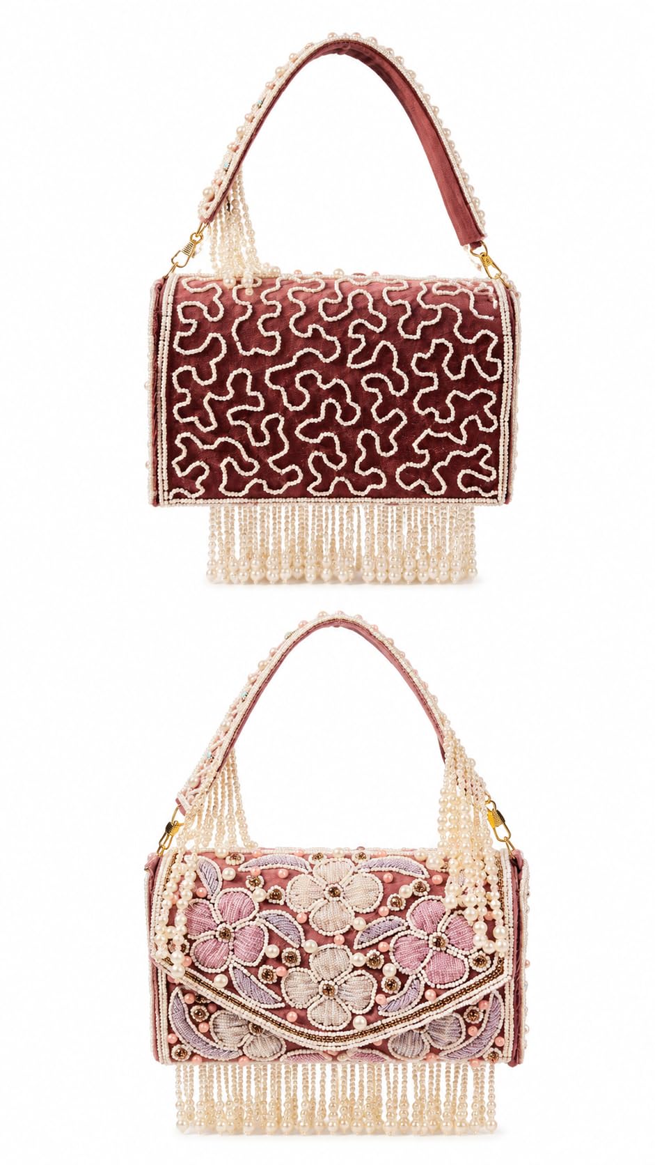 Velvet Beaded Handbag with Pearl Fringe and Floral Embroidery-image-28