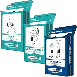 3 Pack - Exercise Cards - Yoga Poses Volume 1 & 2 + Dumbbell Exercises - Yoga Positions and Dumbbell Workout Fitness Cards - 2.5" x 3.5"