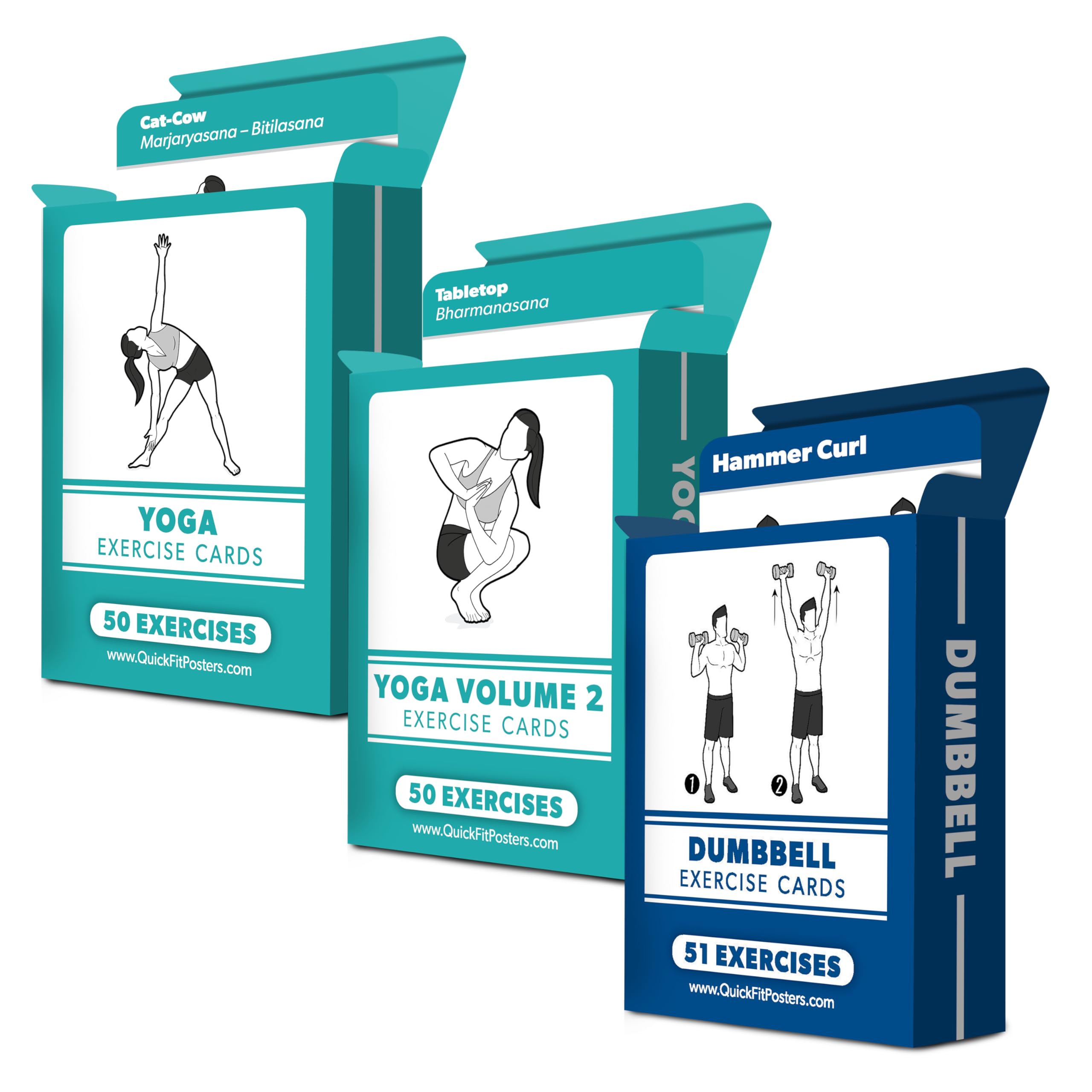 3 Pack - Exercise Cards - Yoga Poses Volume 1 & 2 + Dumbbell Exercises - Yoga Positions and Dumbbell Workout Fitness Cards - 2.5" x 3.5"