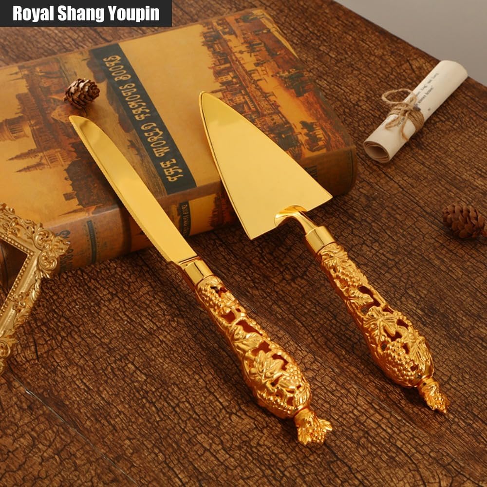 2-piece Exquisite Cake Knife and Shovel Server Set for Baking Kitchen Utensils Gold Knife and Shovel Triangle Pizza Cake and Dessert Knife and Shovel Combination (B)