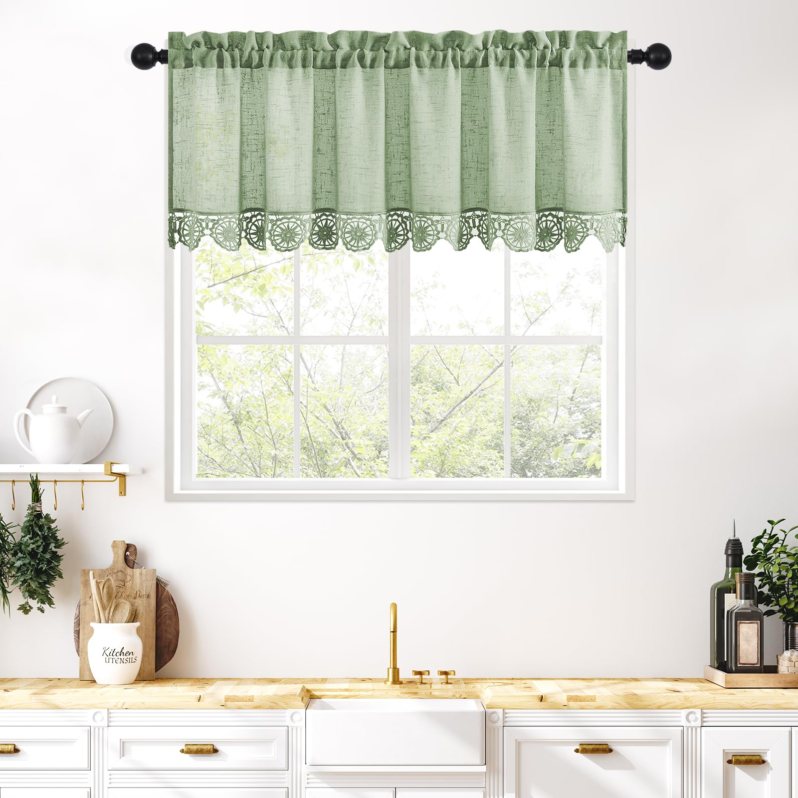 Gibelle Boho Farmhouse Kitchen Shower Curtains Set, Beige Linen Cotton with Tassel Macrame Lace