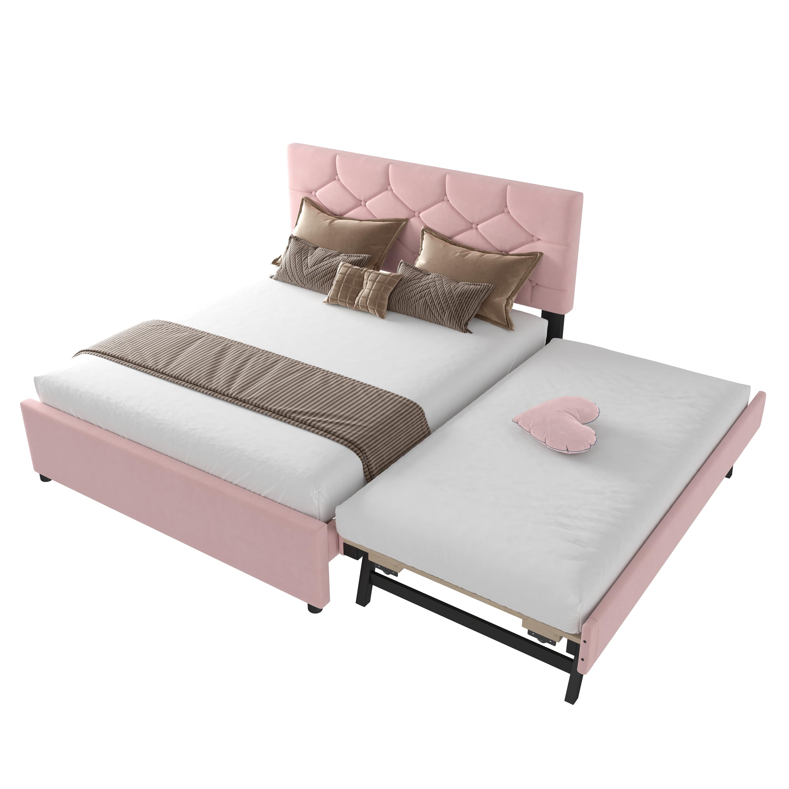 Soweiz Letto imbottito 140 x 200 cm, letto imbottito con letto estraibile, letto con rete a doghe (senza materasso), letto con contenitore arrotolabile, velluto, minimalista (rosa)