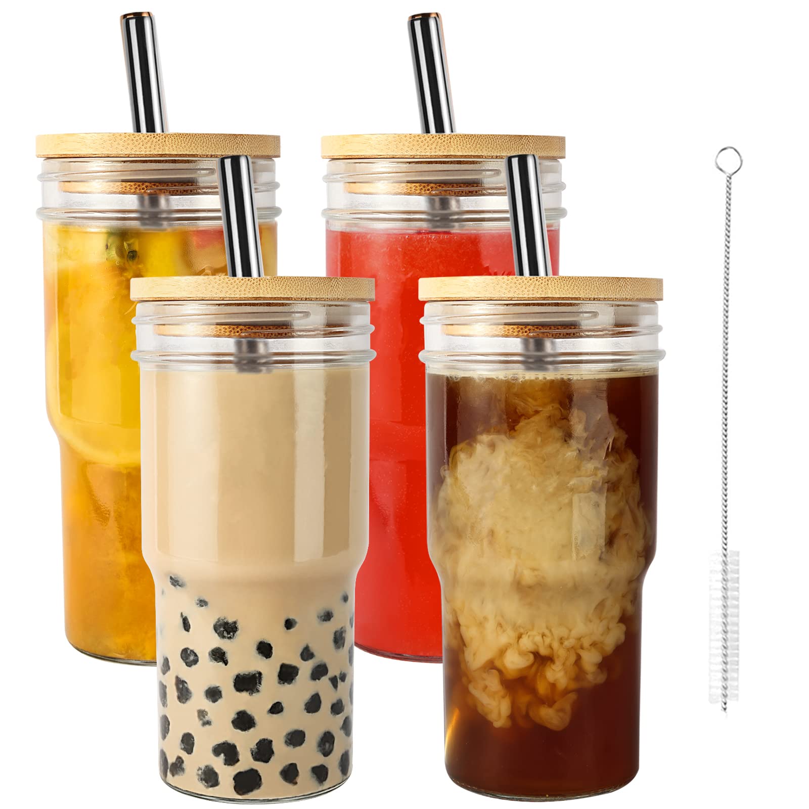 Xeiwagoo Reusable Boba Cup Smoothie Tumbler Glass Bubble Tea Cup, 4 Pack Wide Mouth 22oz Iced