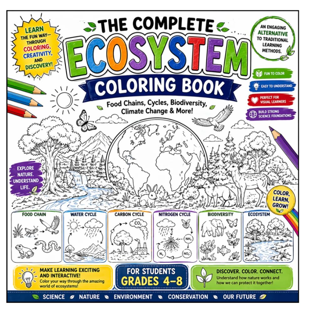 The Complete Ecosystem Guide coloring book: Ecosystem Coloring Book: Learn Biotic & Abiotic Components, Food Chains & Food Webs, Energy Flow, ... and Water, Carbon, Nitrogen & Oxygen Cycles