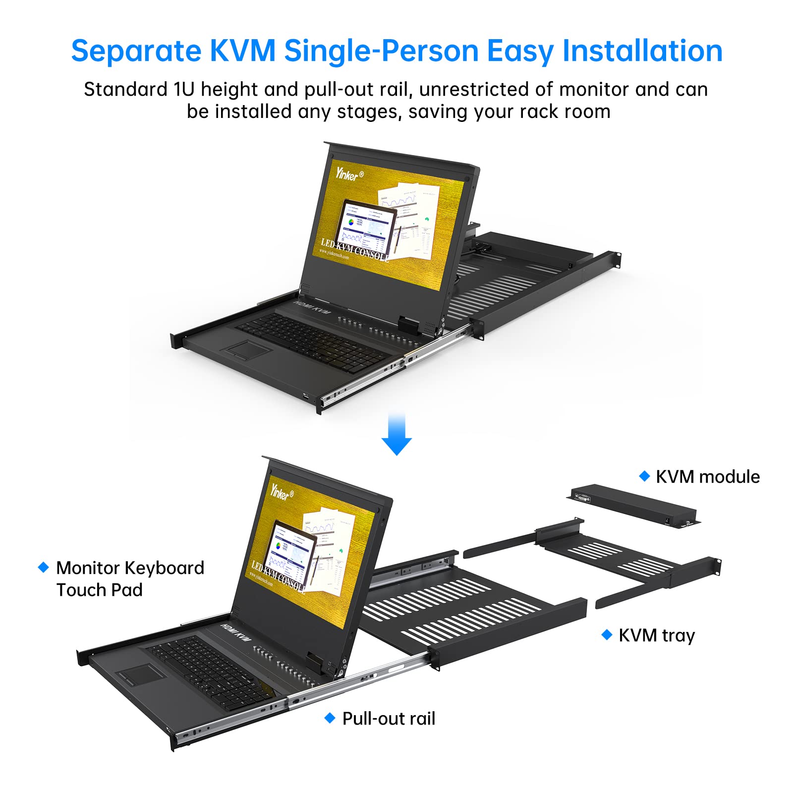 Console KVM LCD da 17,3" HDMI 8 porte, montaggio a rack KVM Switch Fit 1U 19" rack, tastiera monitor touchpad cassetto integrato + cavo 1920 x 1080