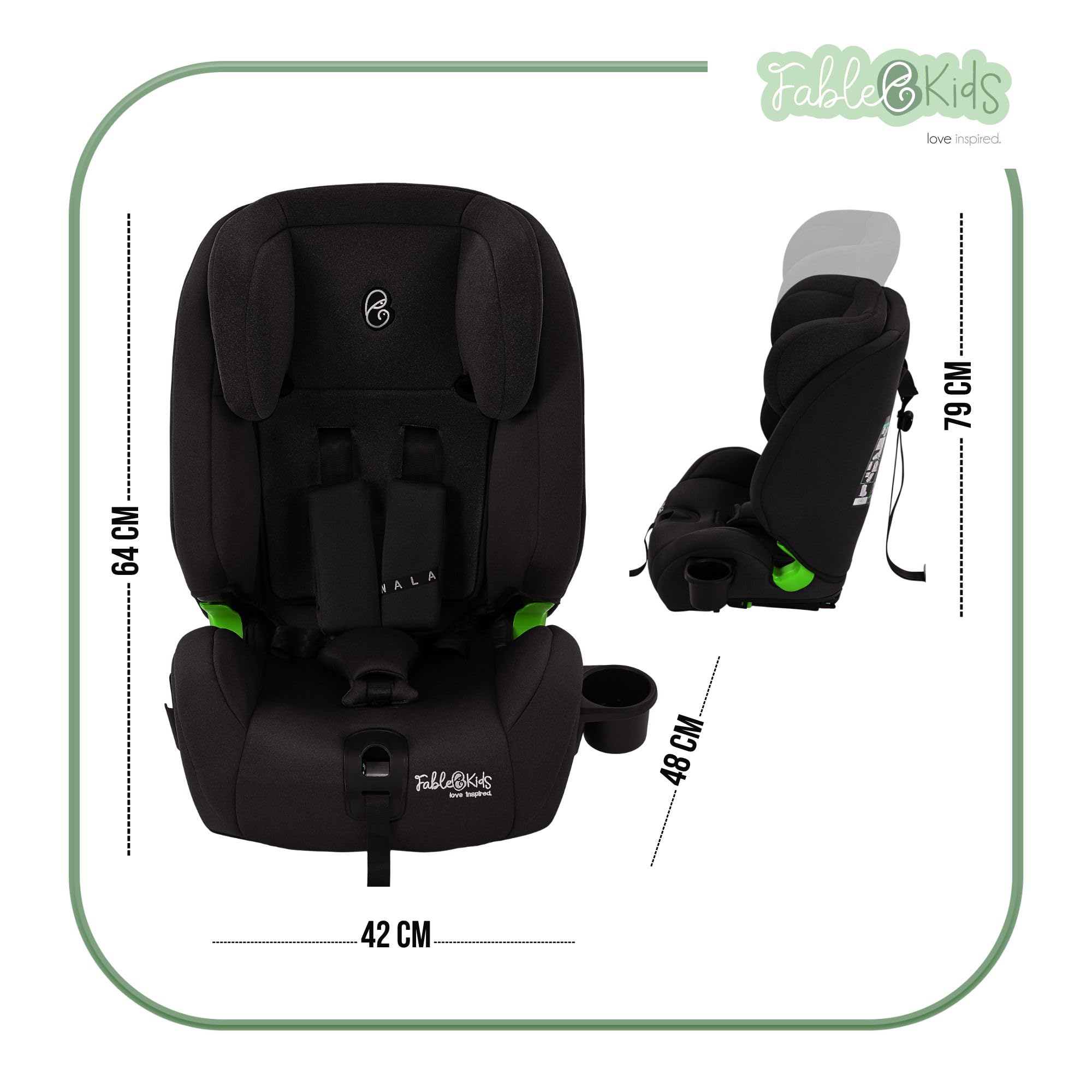 FableKids Kinderautositz mit Isofix | Autokindersitz ab 15M. | Autositz für Kinder 76-150cm | Kindersitz i-Size ECE R129/03 | 3-Punkt-Sicherheitsgurt | einstellbare Kopfstütze & Becherhalter | Schwarz