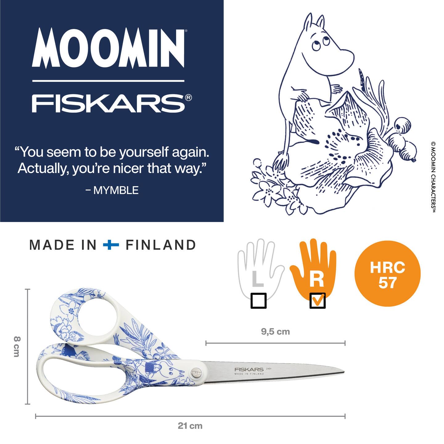 Fiskars Nożyczki uniwersalne X Moomin z motywem Muminków, praworęczne, długość: 21 cm, ostrza ze stali nierdzewnej, Haru, 1075572