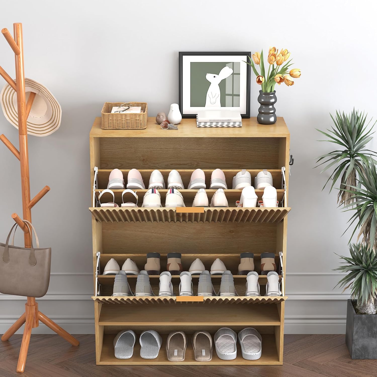 Meuble à Chaussures étroit pour Couloir/Foyer - Armoire à 2 tiroirs basculants - Étagère inférieure Ouverte + Crochets latéraux - Façade cannelée Moderne, Chêne (Couleur Bois Naturel)