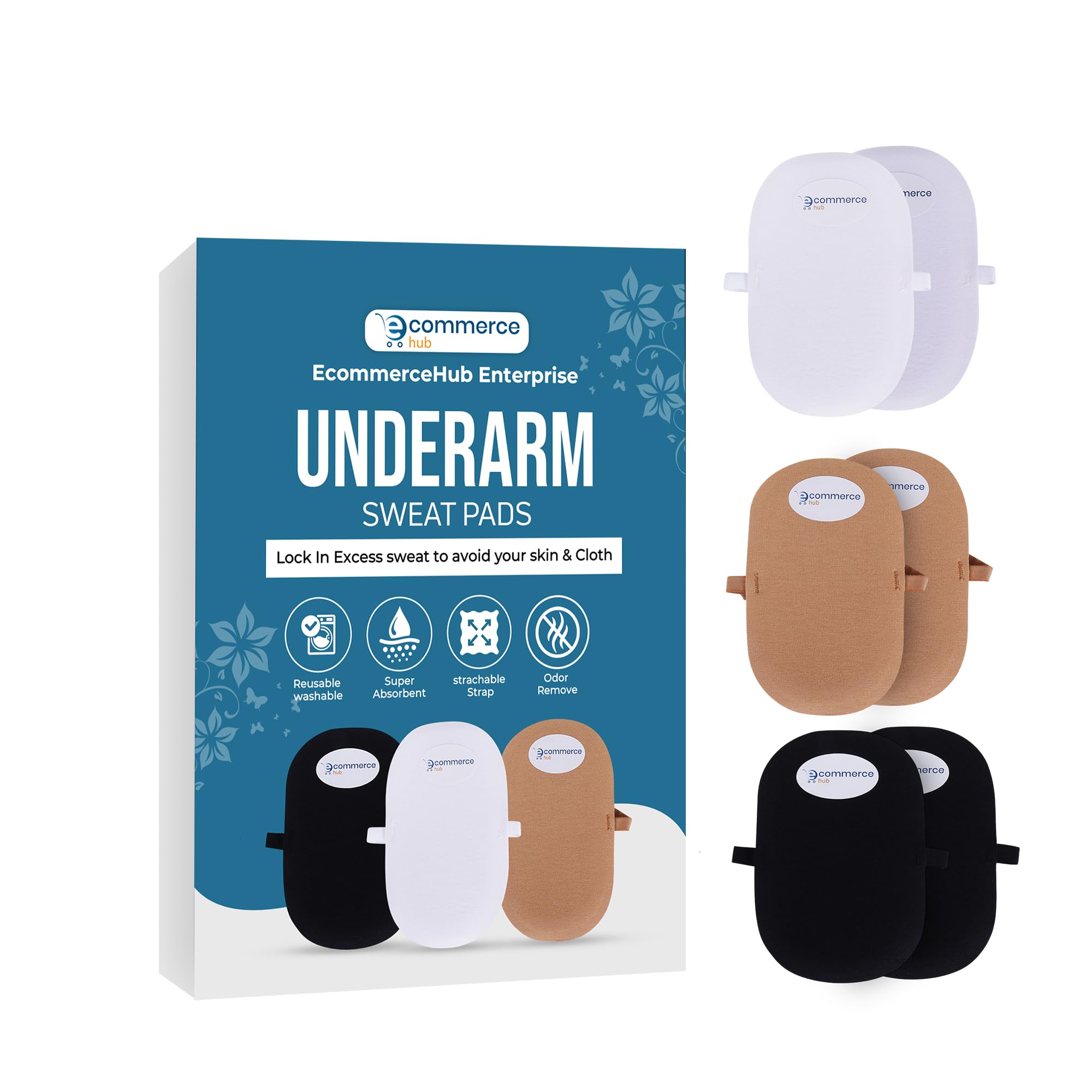 EcommerceHub Reusable Washable Underarms Sweat Pads, Breathable, Odor-blocking,Anti-stain, Long-lasting Sweat Protectors Underarm Pads, 3 Pair (Black,Brown,White)