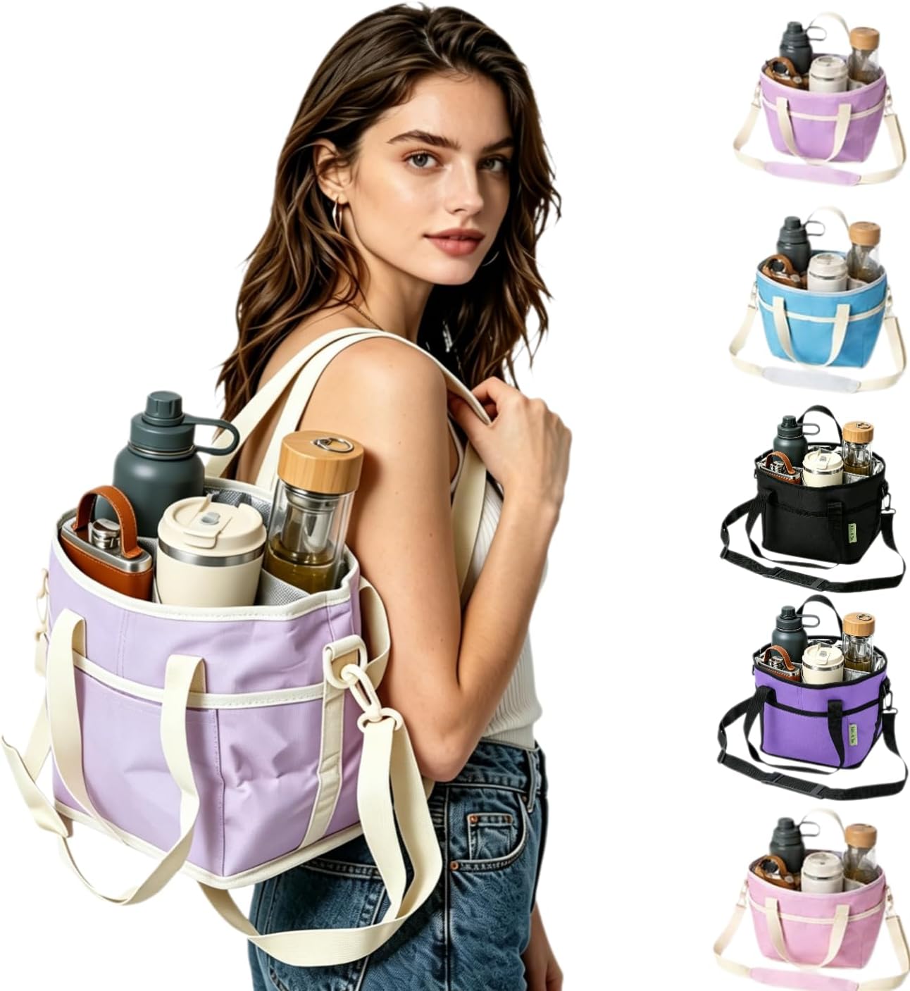 4 Compartment Drink Carrier Bag, Insulated Reusable Tote for 4 Tumblers with Adjustable Strap, Perfect for Car Travel, Camping, Picnic, Family Outings (Light Purple)