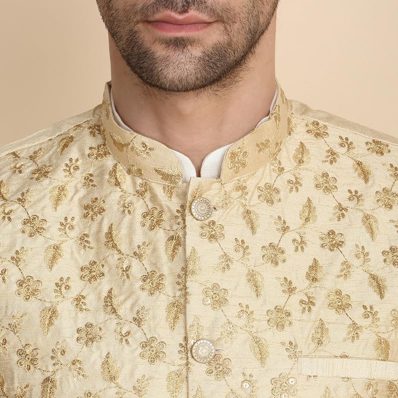 Image of KRAFT INDIA Men's Stylish Silk Kurta with Churidar & Nehru Jacket Set