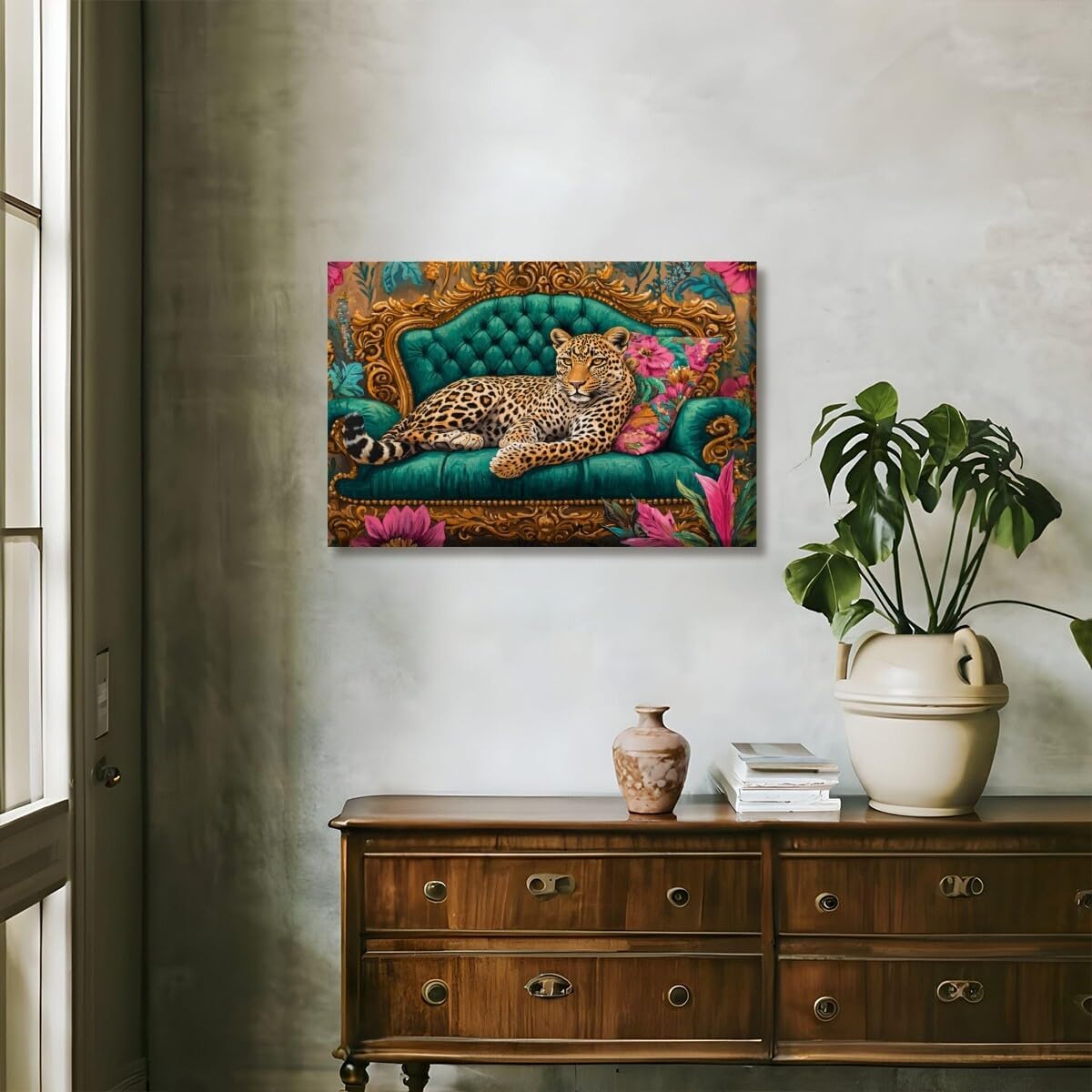 Cheetah Lying On Vintage Sofa Canvas Wall Art Pink Emerald Green Maximalist Leopard Print Pictures Wall Decor Jungle Animal Poster Eclectic Boho Aesthetic Bedroom Bathroom Decor 16x24inch Framed