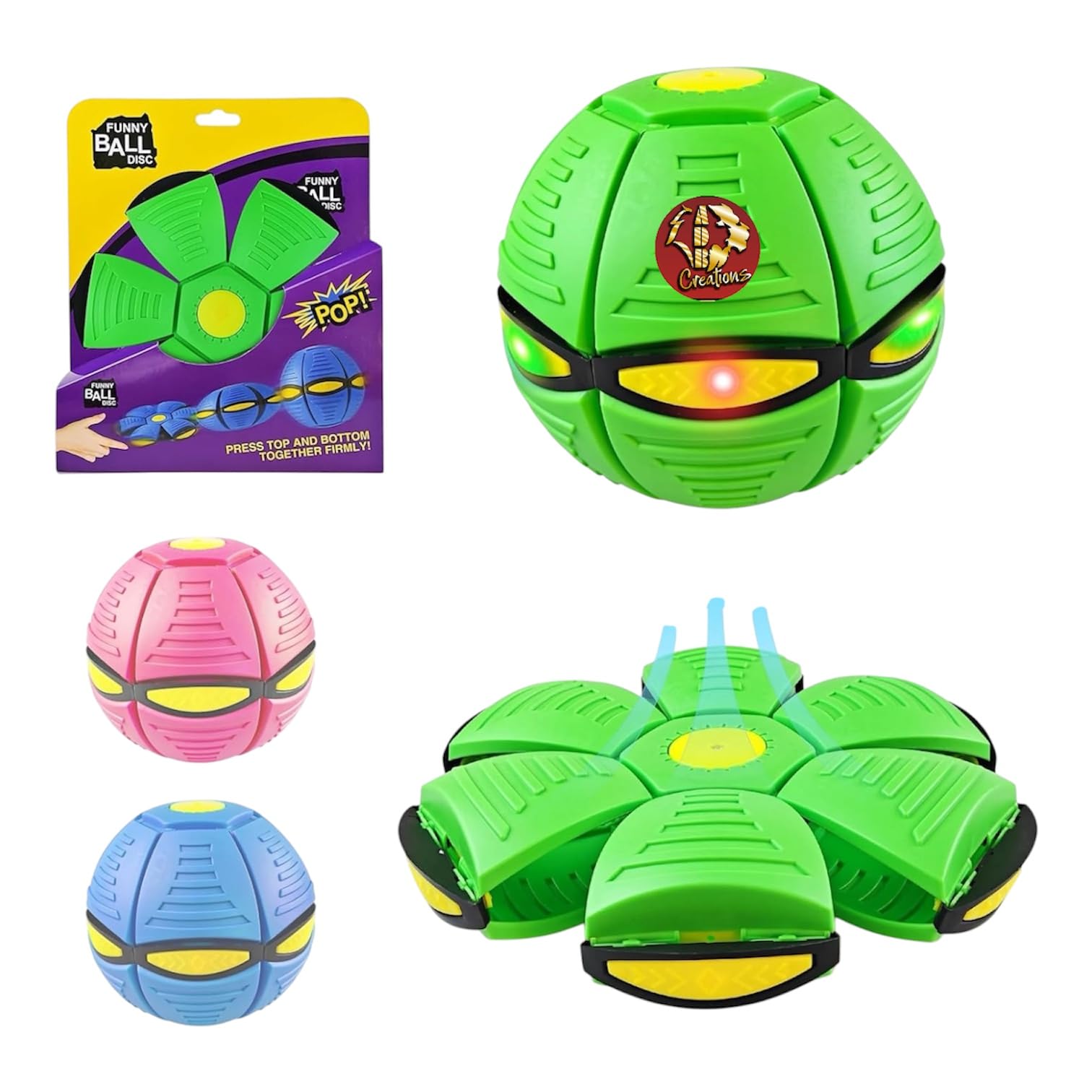 UFO Magic Ball,Portable Glowing Flying Toys Creative Fly Saucer Stomp Magic Balls,Decompression Flying Flat Throw Disc Balls Toy for Childrens Outdoor Sports Kids Gift (Green, Pink, Blue)