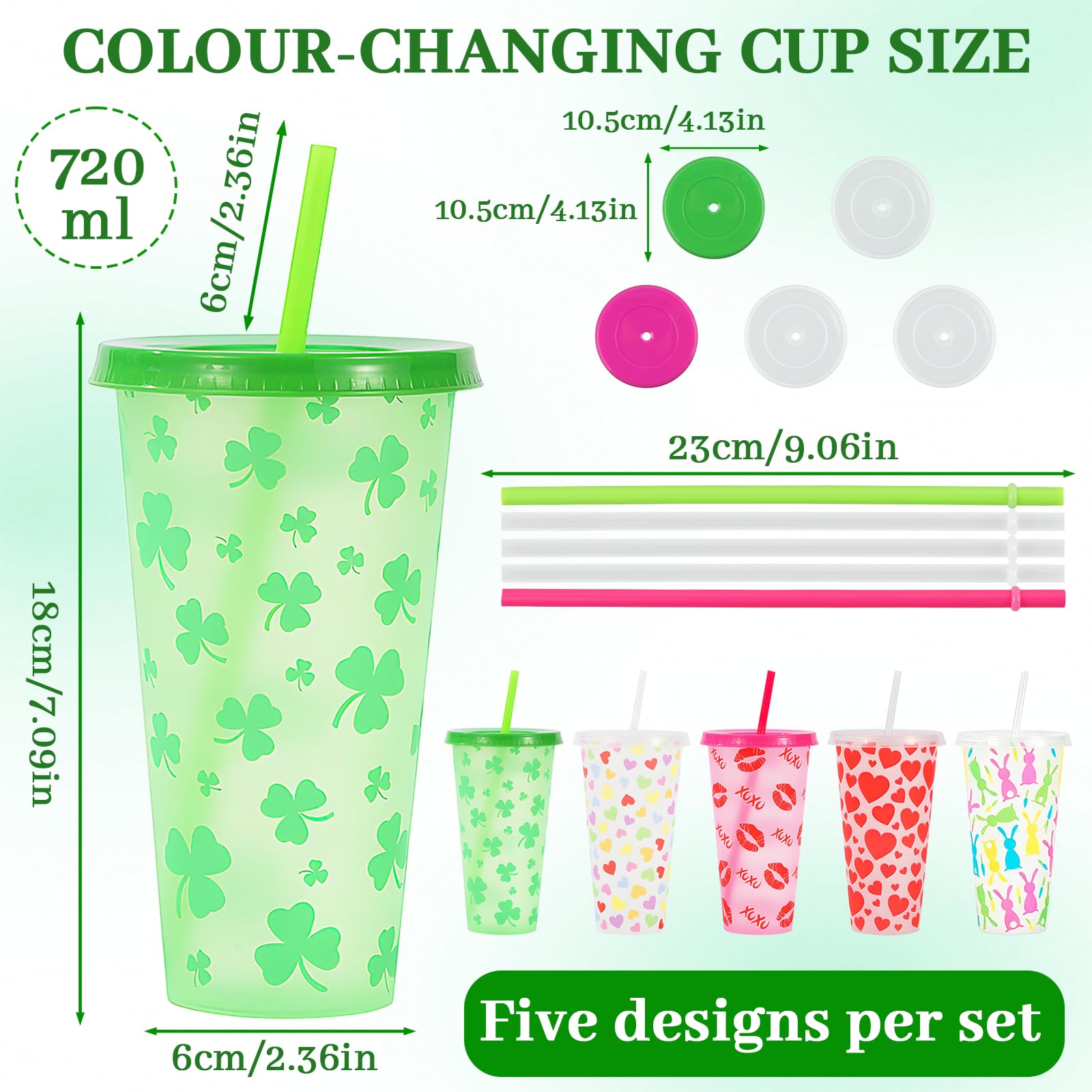 Bicchieri con Cannuccia Che Cambiano Colore, 720 Ml, Set da 5 Pezzi, con Coperchio e Cannuccia, Bicchieri Riutilizzabili e Lavabili per Milkshake, Bicchieri per Bevande da Festa