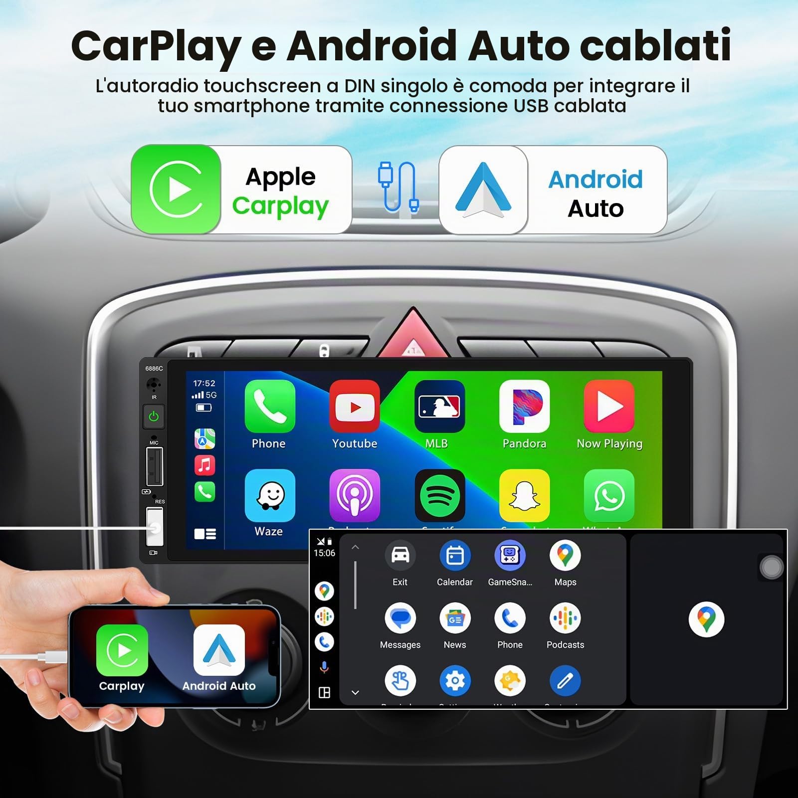 Hikity Autoradio 1 Din Wired Carplay Android Auto 6,86 Pollici Touchscreen Radio Bluetooth Auto Stereo con Mirror Link FM Radio USB/EQ/Controllo del Volante/Telecamera Posteriore
