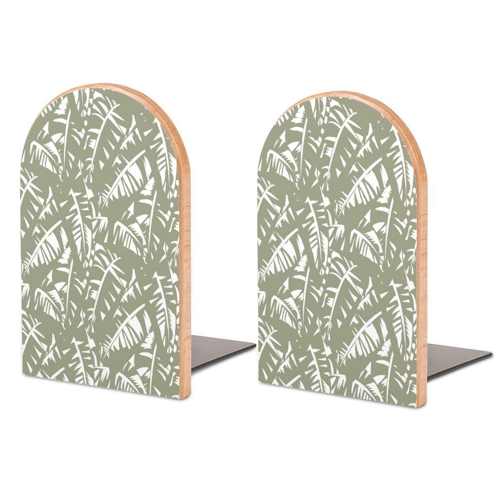 Silhouette of Paradise Island Foliage Beech Wood Bookends Heavy Duty Book Organizers Desktop File Holder for Office Home Bookshelf