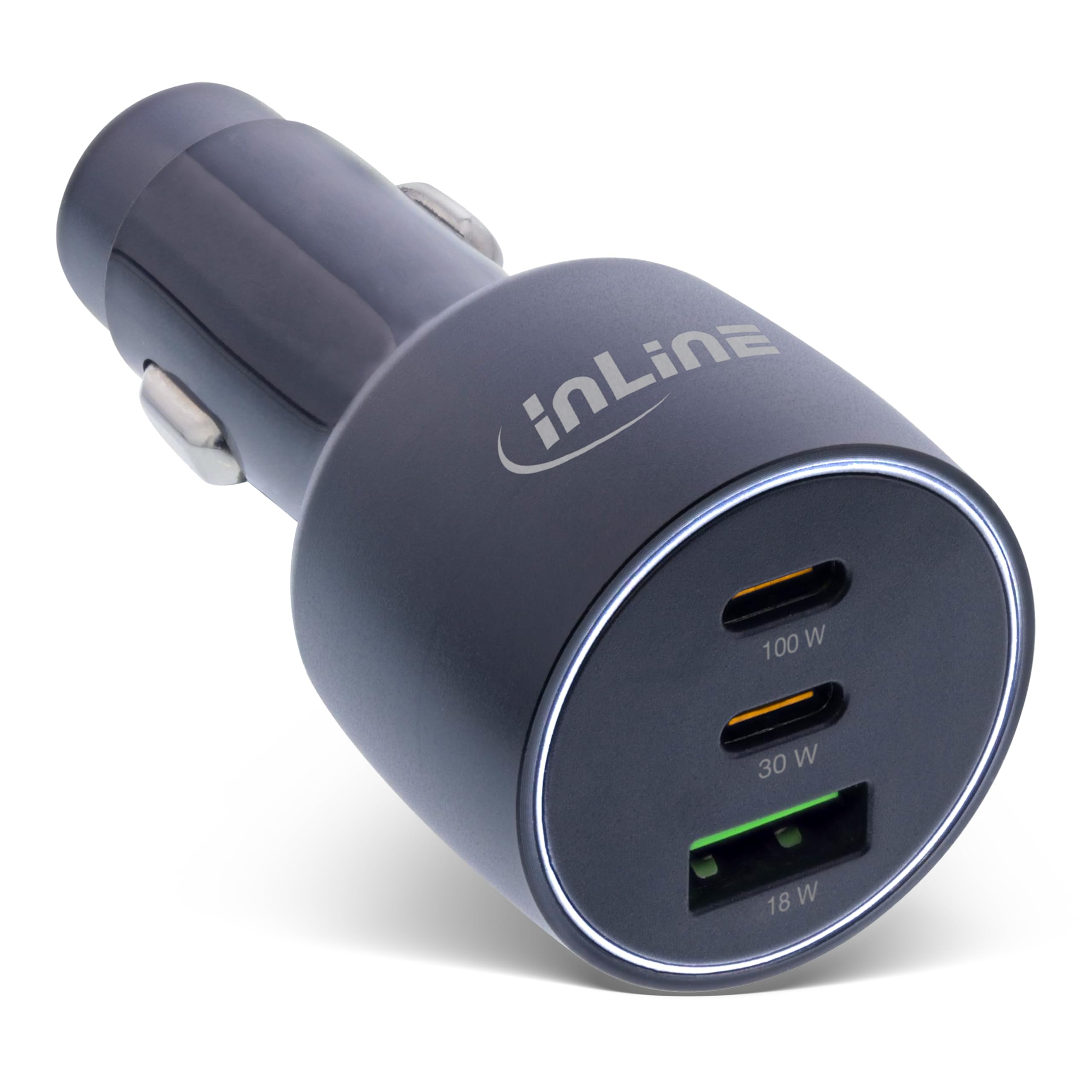 Inline Cargador de Coche USB-C 100 W, 5 A, 2 x USB-C Power Delivery 3.0, 1 x USB-A QC 3.0, con luz LED Blanca, Encendedor de Cigarrillos, para portátiles, iPhone/Pro/Mini, iPad Pro/Air/Mini, Galaxy y