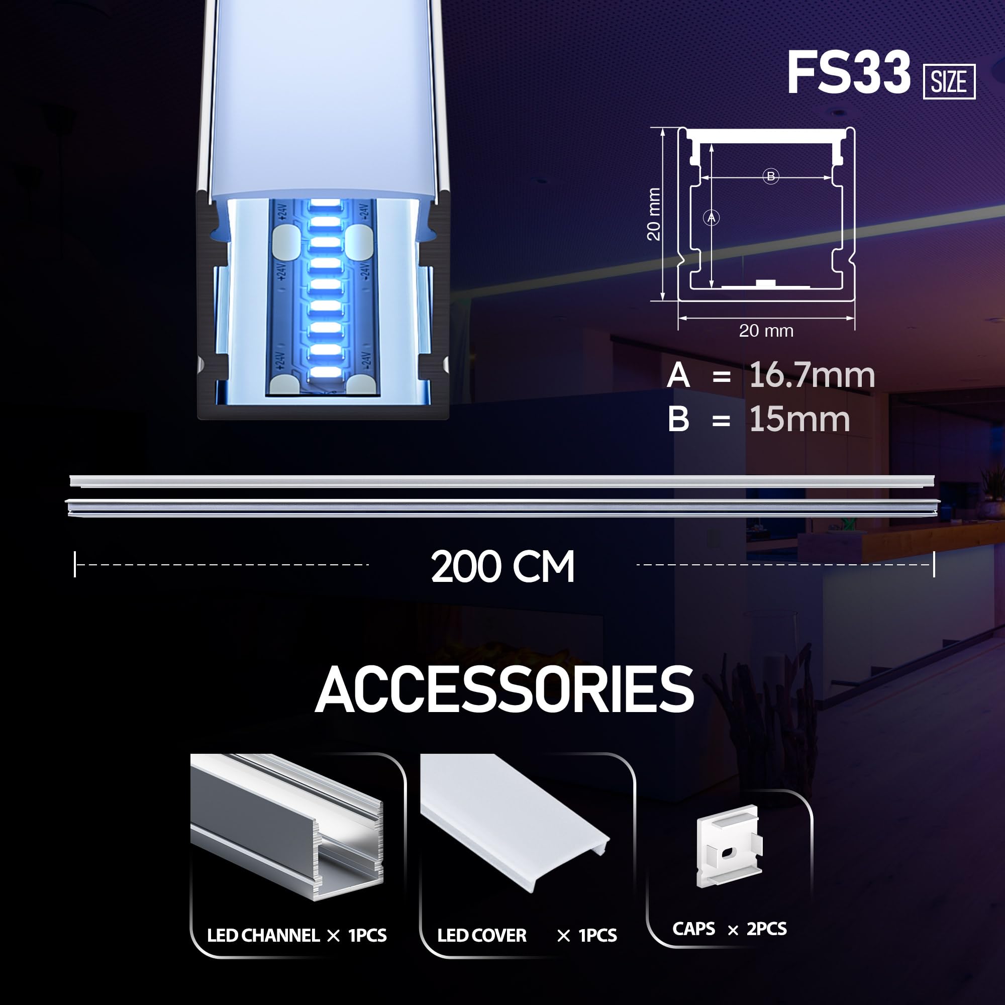 Shine Plus Perfil LED 10 × 2 m, riel LED para instalación empotrada y montaje en superficie con clip, adecuado para tiras LED de un ancho inferior a 15 mm. Dimensiones del difusor LED: 20 x 20 mm.