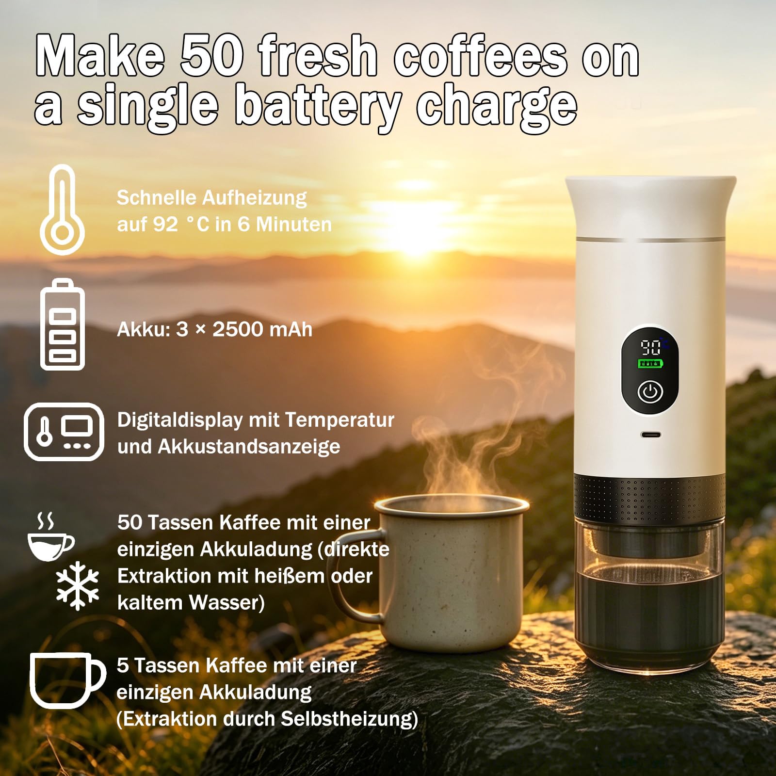 Tragbare Espressomaschine mit Akku,mit Heizung,für unterwegs oder Camping